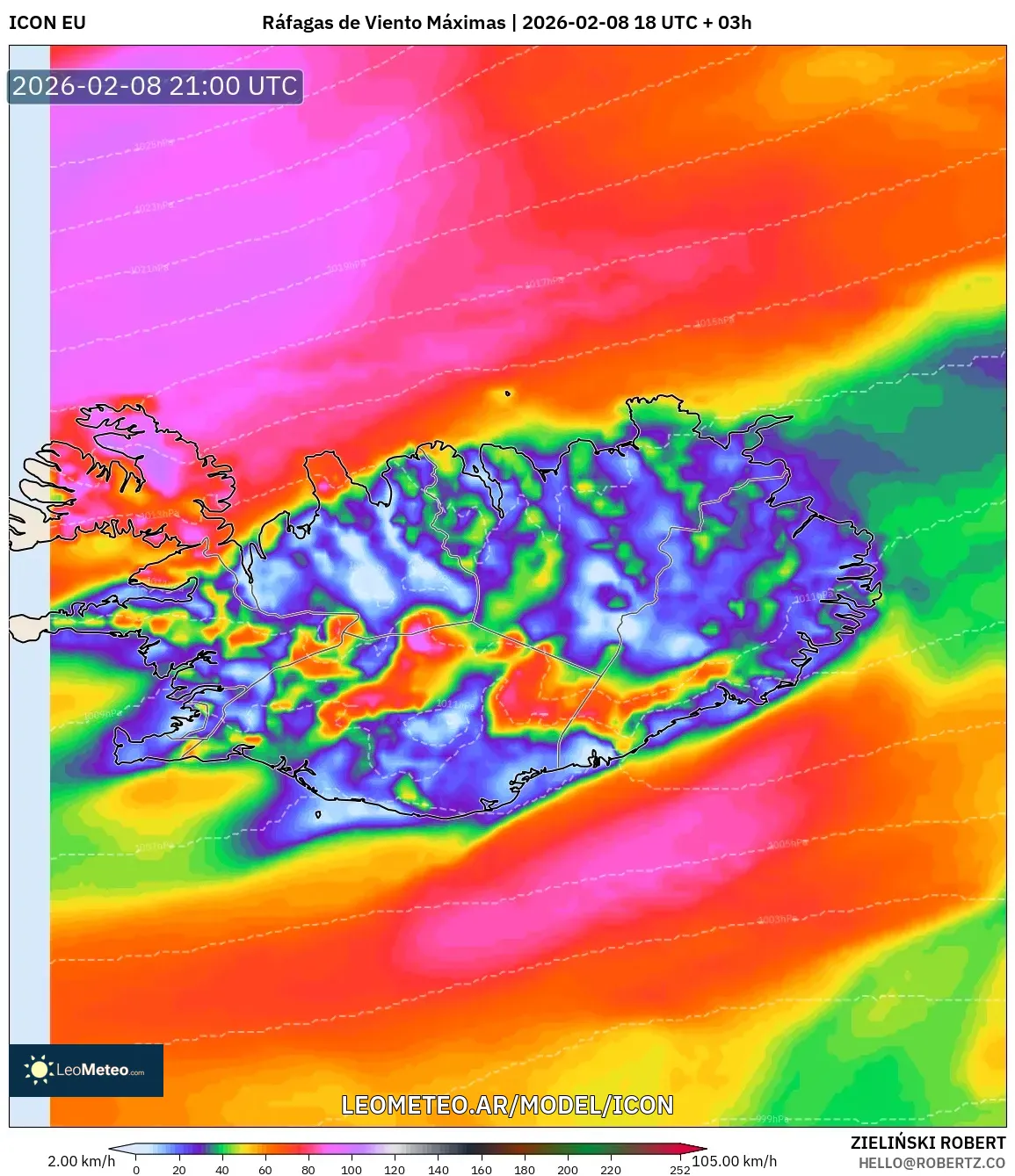 ICON model - Islandia, Ráfagas de Viento Máximas