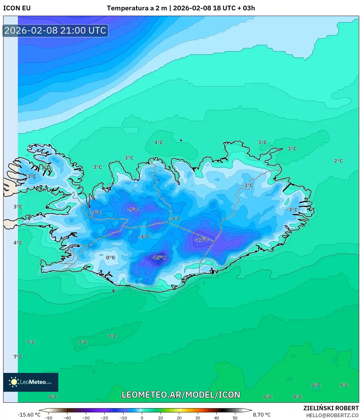 ICON model - Islandia, Temperatura a 2 m