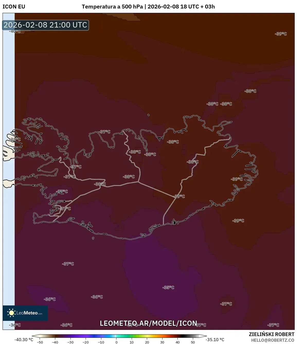 ICON model - Islandia, Temperatura a 500 hPa