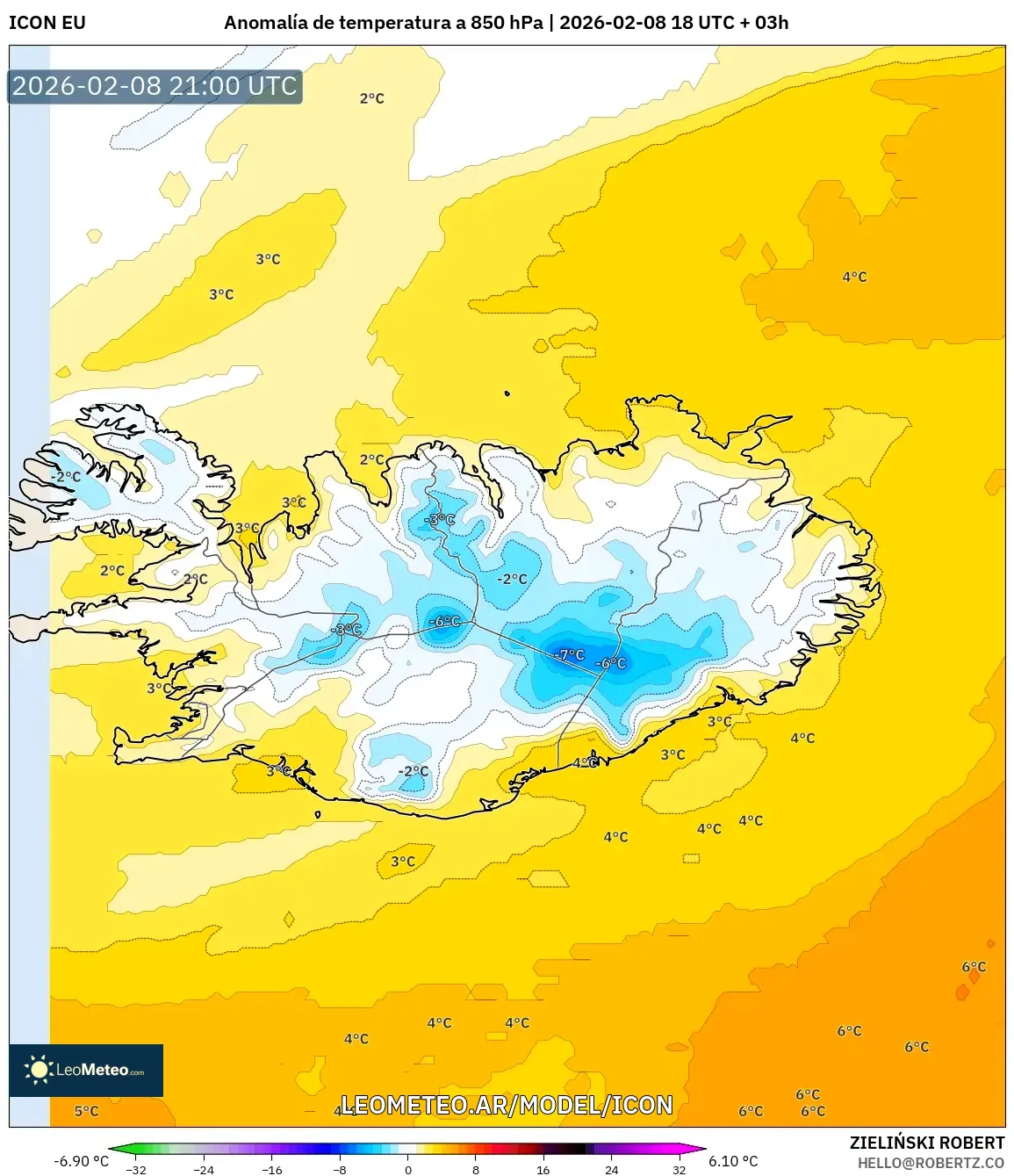 ICON model - Islandia, Anomalía de temperatura a 850 hPa
