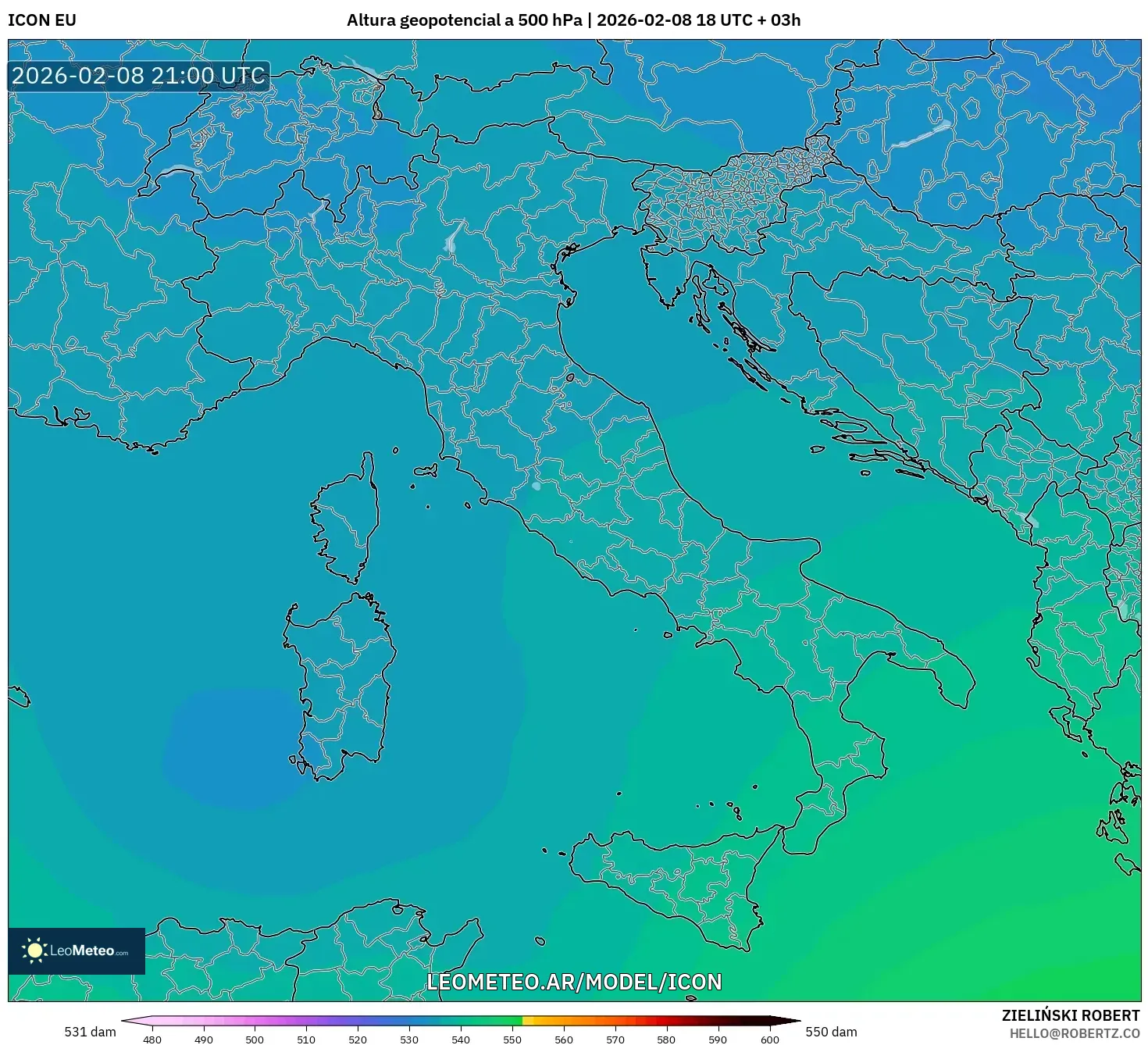 ICON model - Italia, Altura geopotencial a 500 hPa