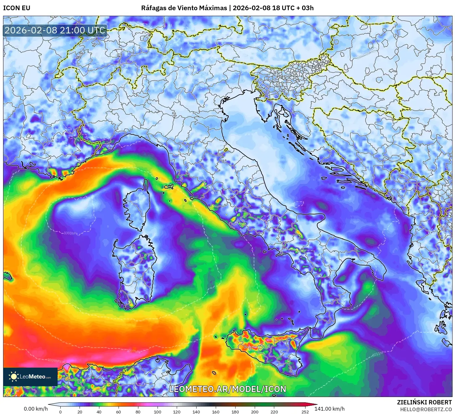 ICON model - Italia, Ráfagas de Viento Máximas