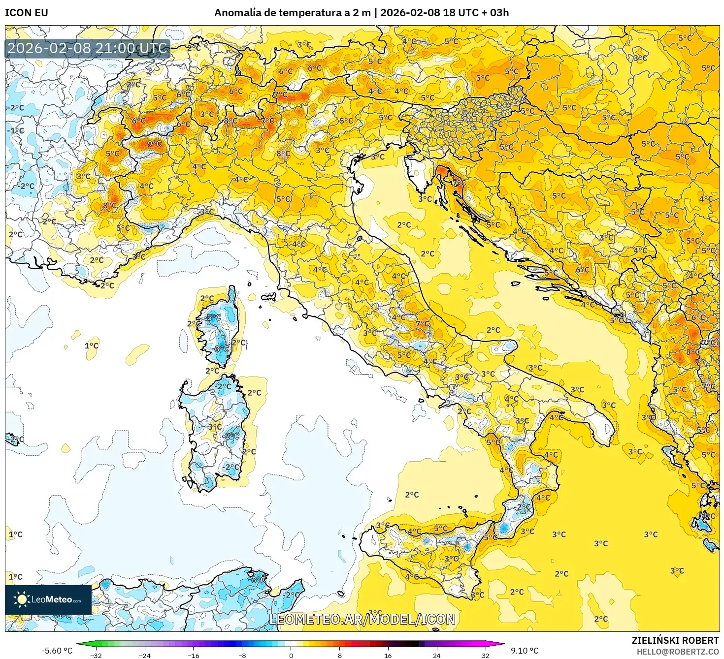 ICON model - Italia, Anomalía de temperatura a 2 m
