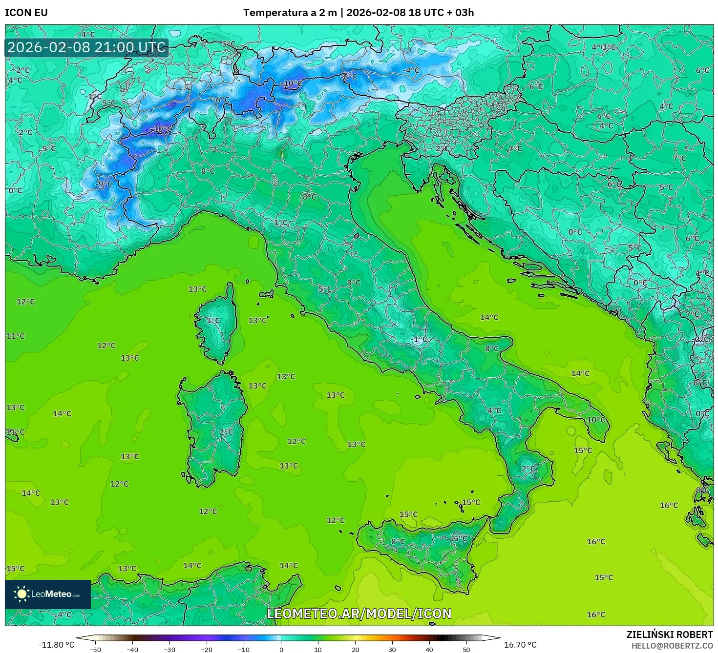 ICON model - Italia, Temperatura a 2 m