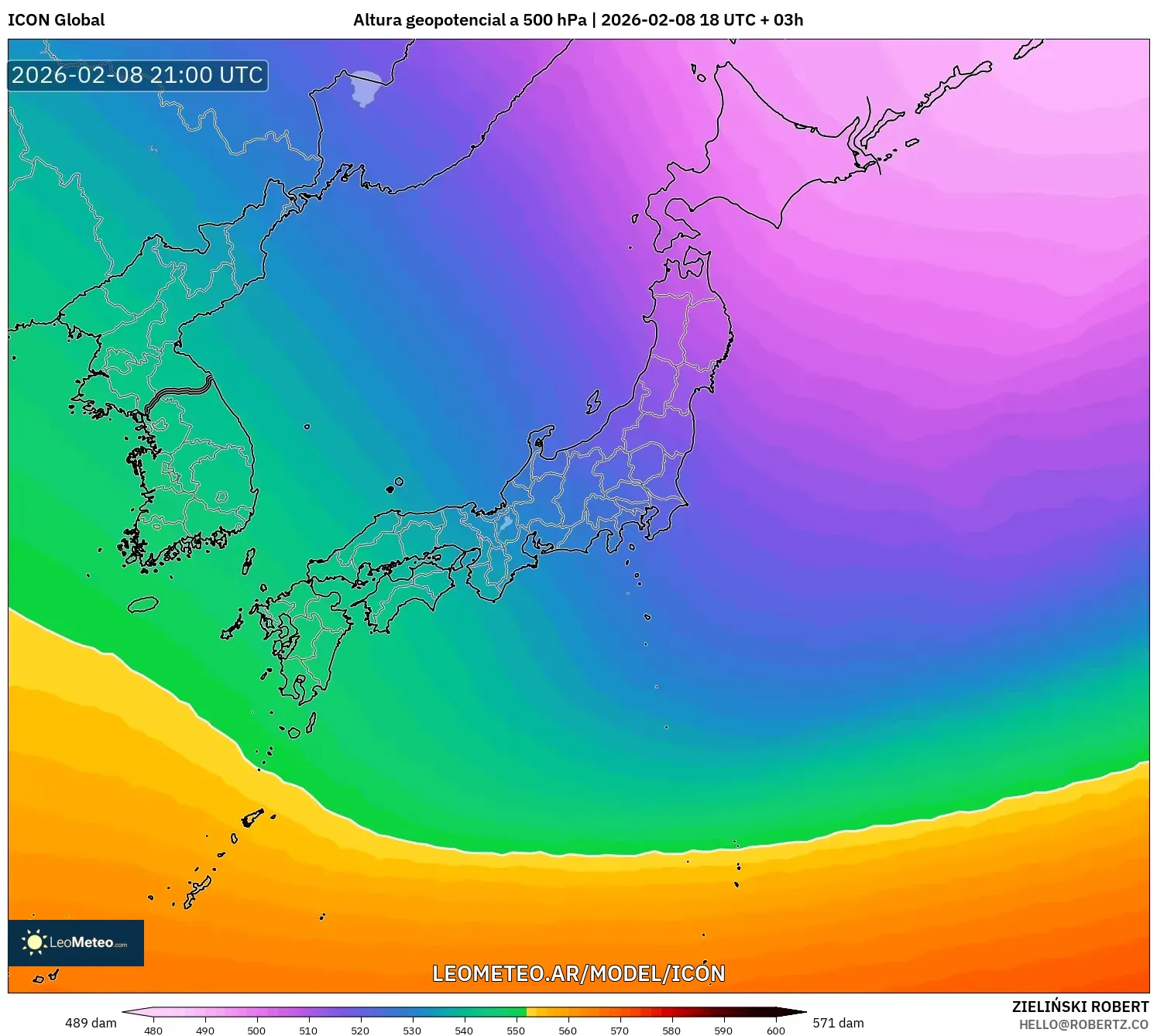 ICON model - Japón, Altura geopotencial a 500 hPa