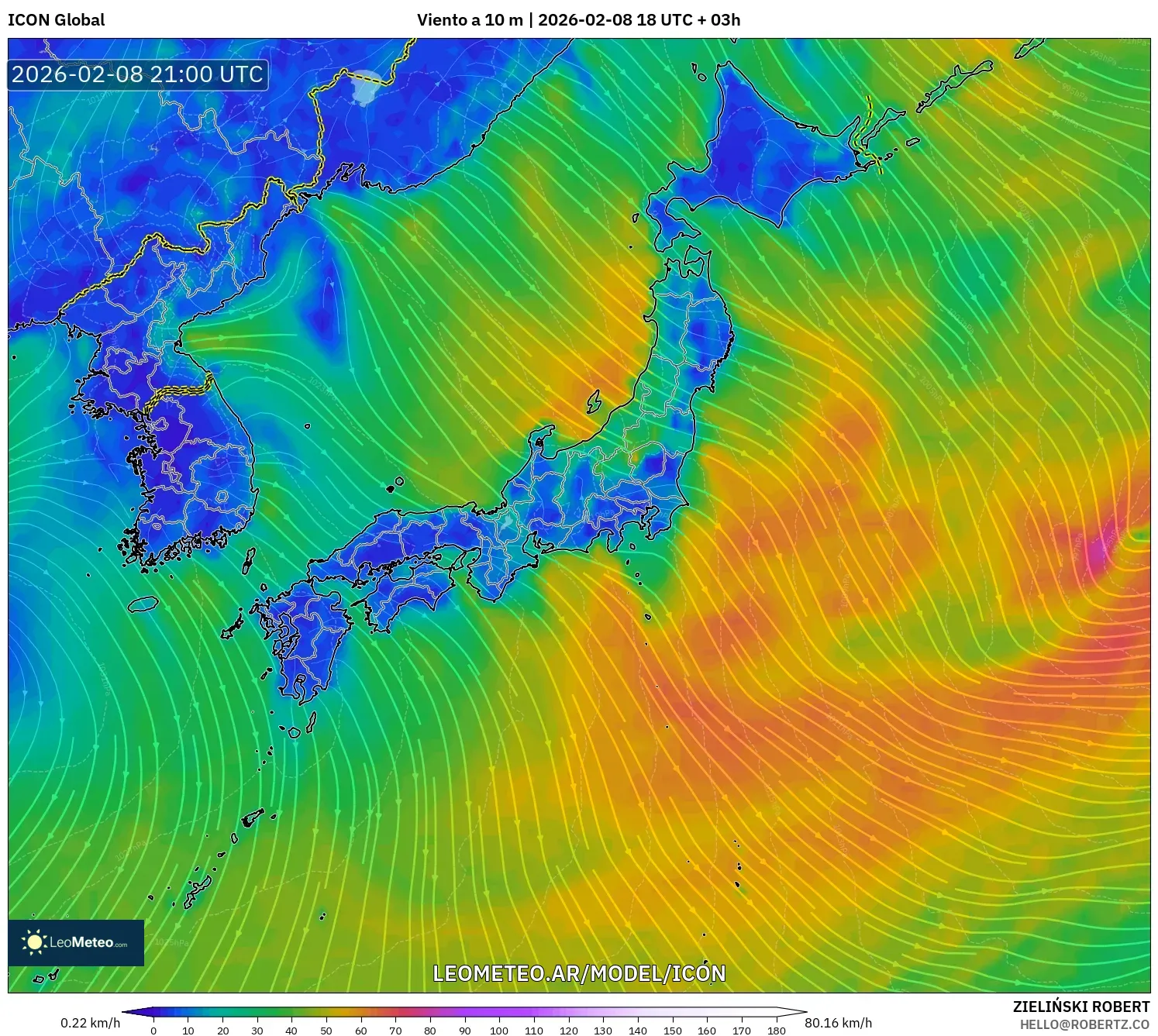 ICON model - Japón, Viento a 10 m