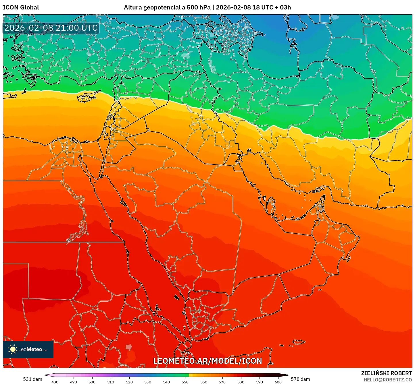 ICON model - Oriente Medio, Altura geopotencial a 500 hPa