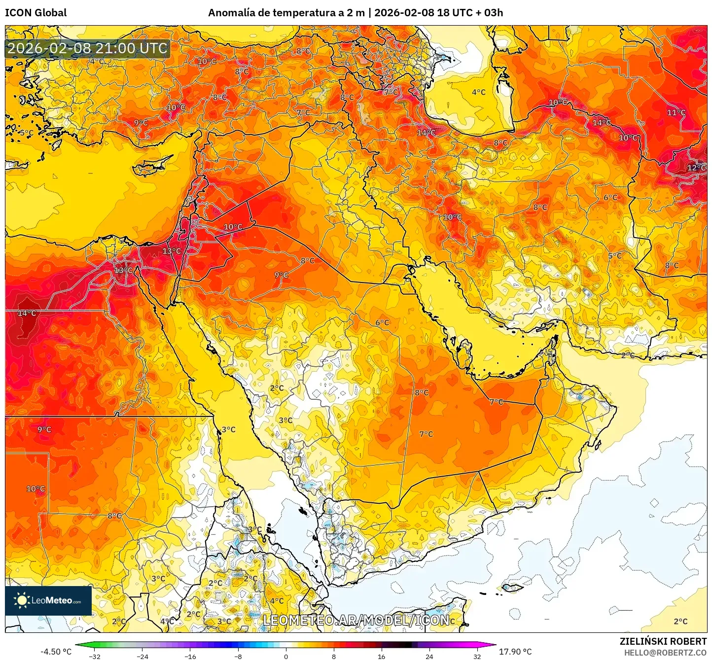 ICON model - Oriente Medio, Anomalía de temperatura a 2 m