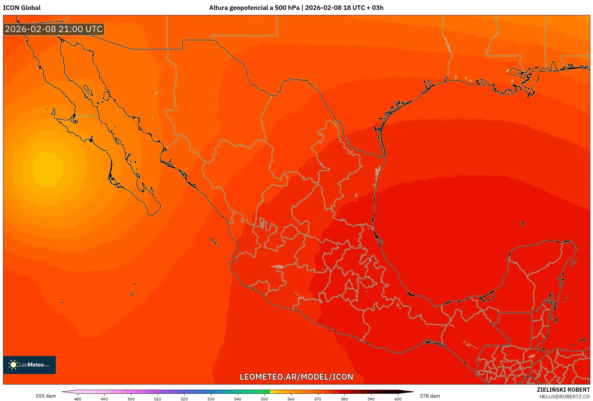 ICON model - México, Altura geopotencial a 500 hPa