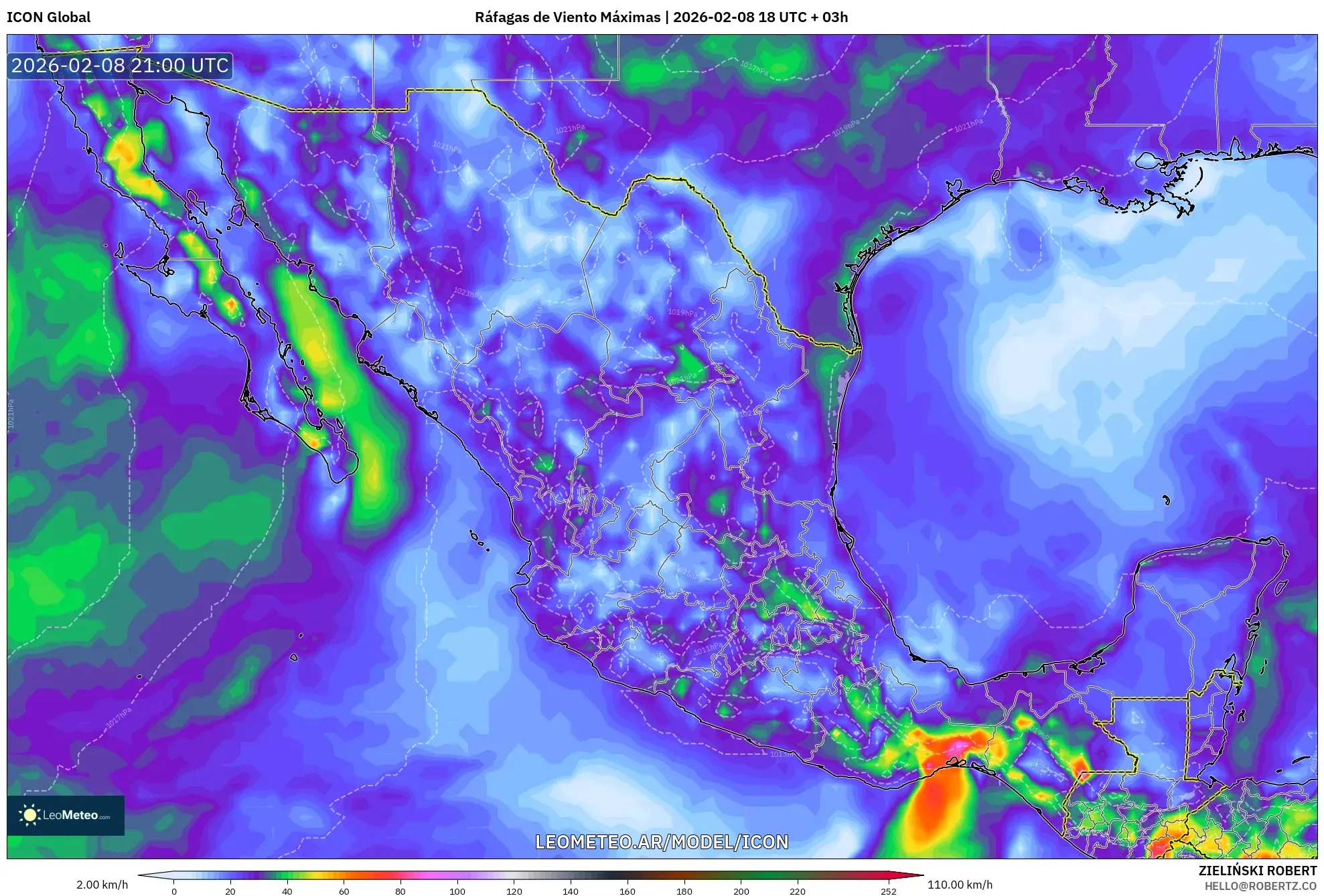 ICON model - México, Ráfagas de Viento Máximas