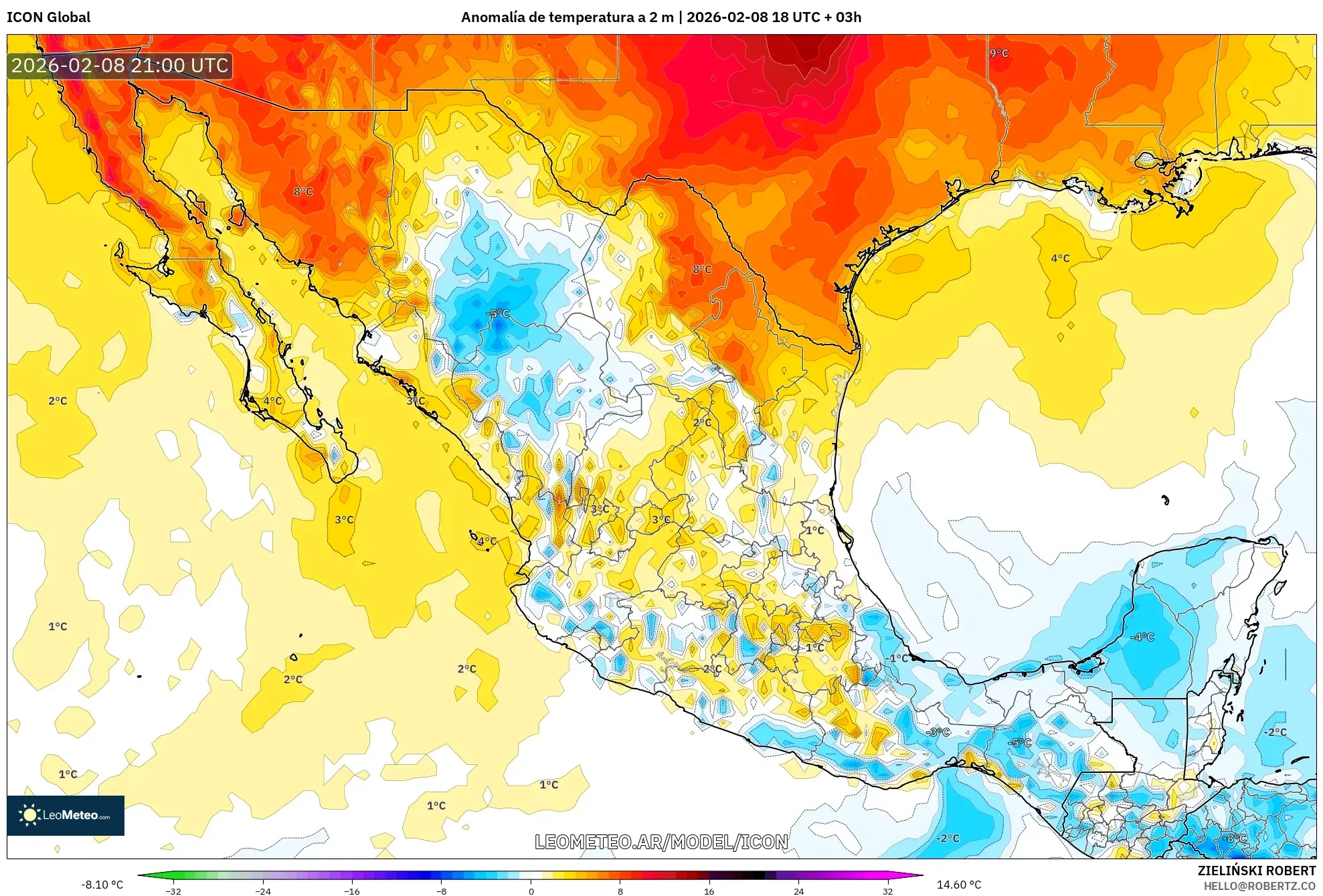 ICON model - México, Anomalía de temperatura a 2 m