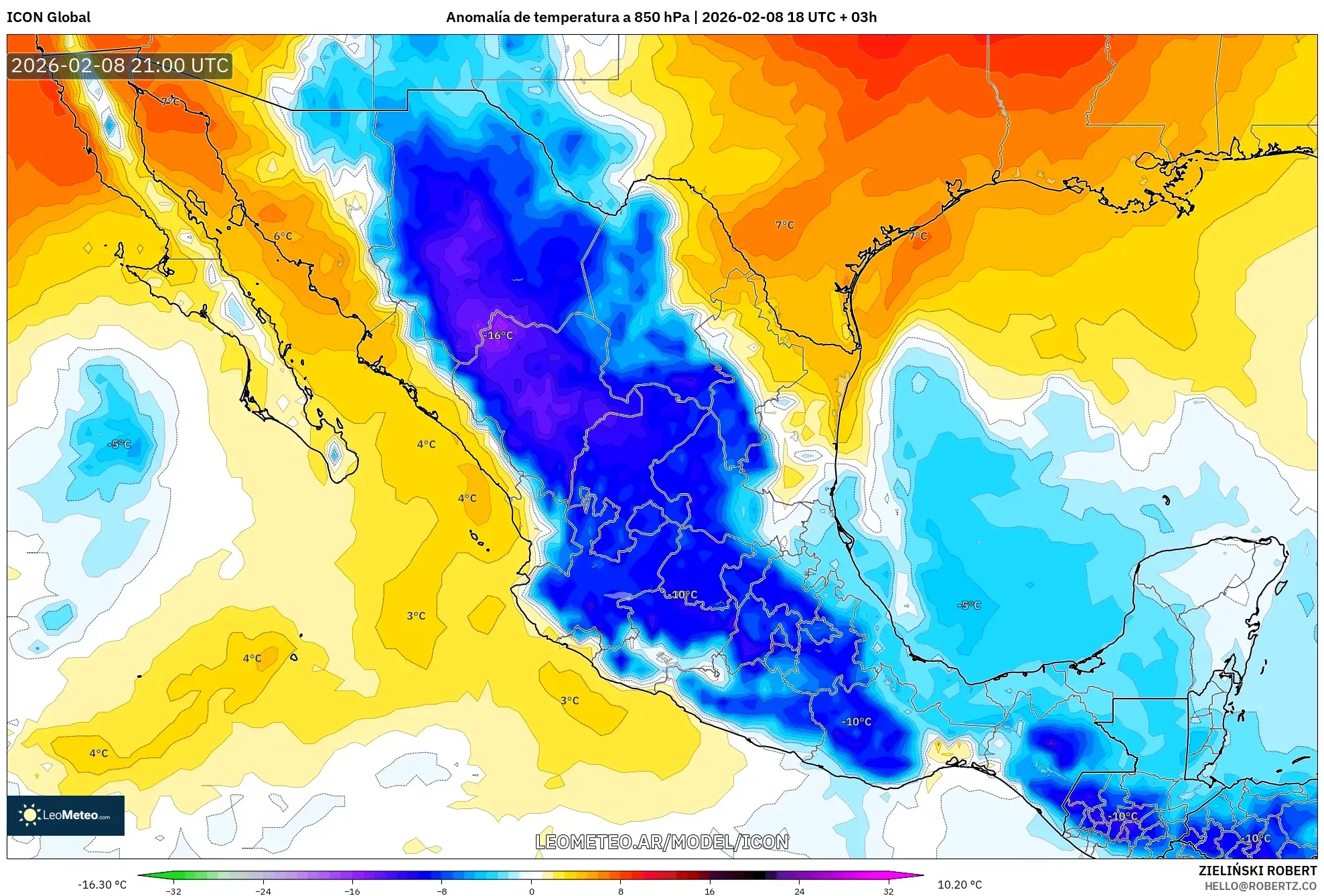 ICON model - México, Anomalía de temperatura a 850 hPa