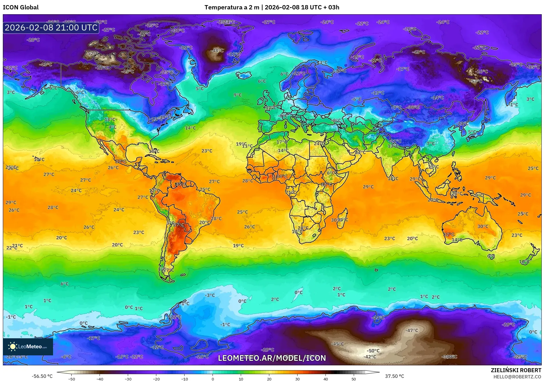 ICON model - Mundo, Temperatura a 2 m