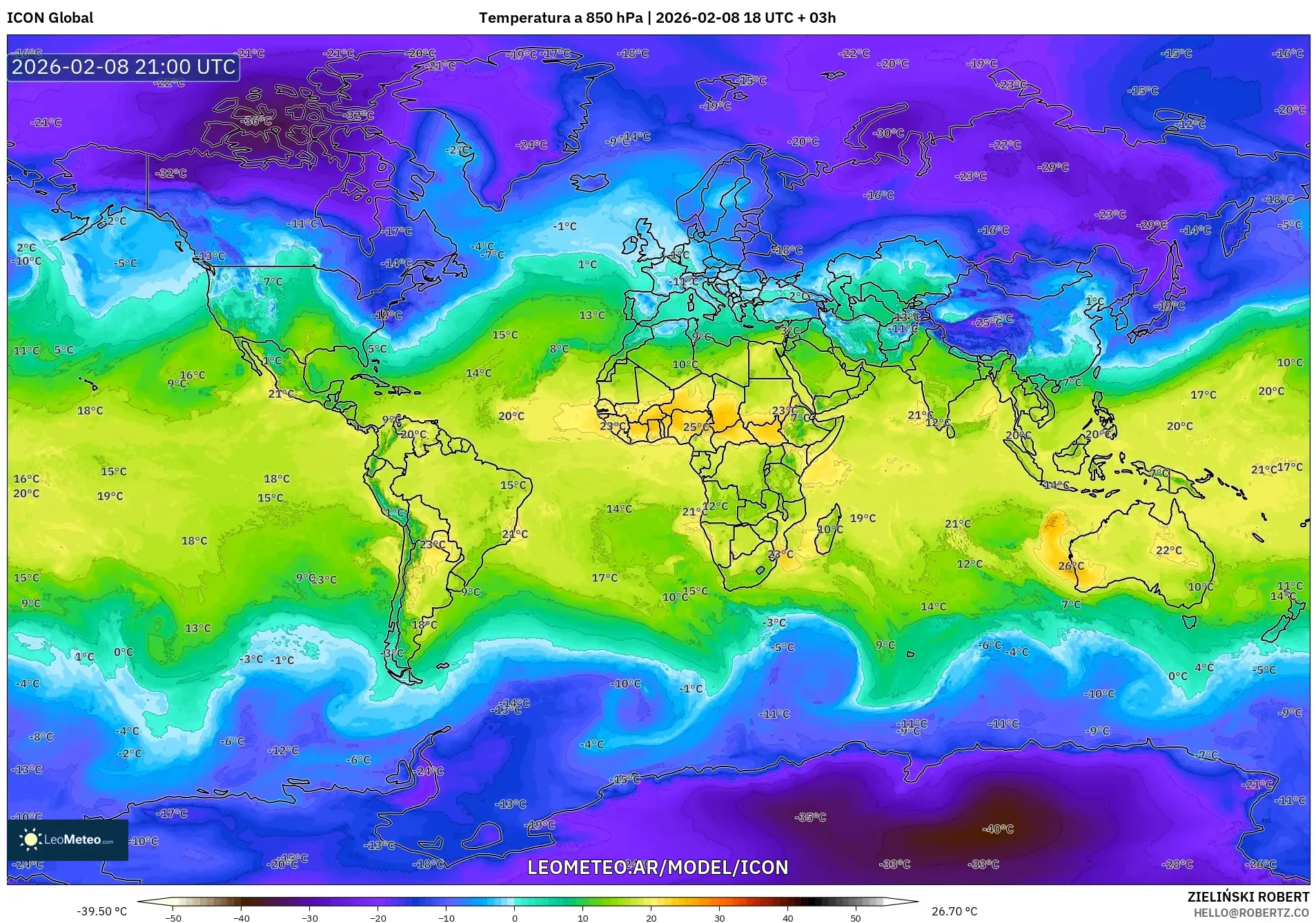 ICON model - Mundo, Temperatura a 850 hPa