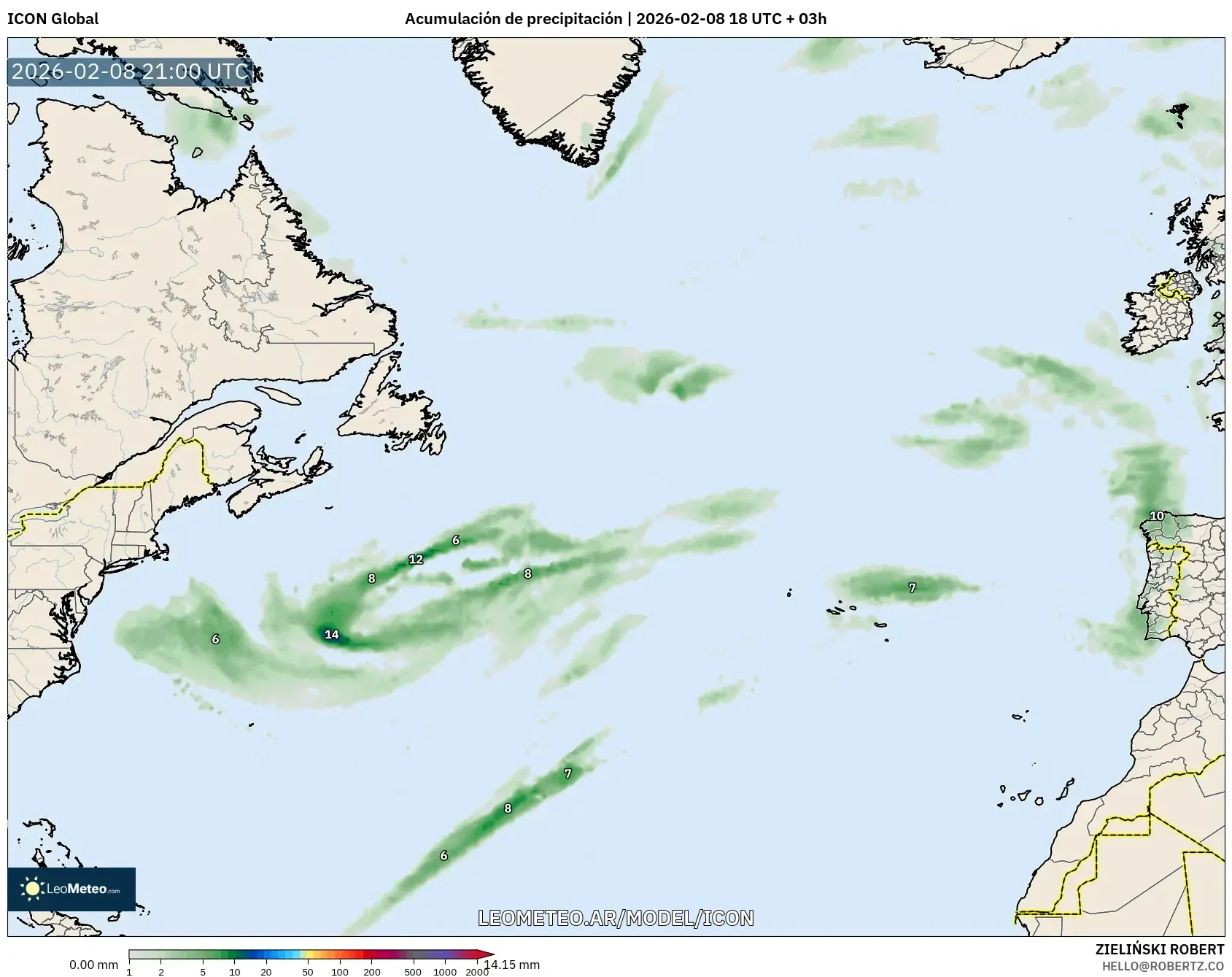 ICON model - Norte Atlántico, Acumulación de precipitación