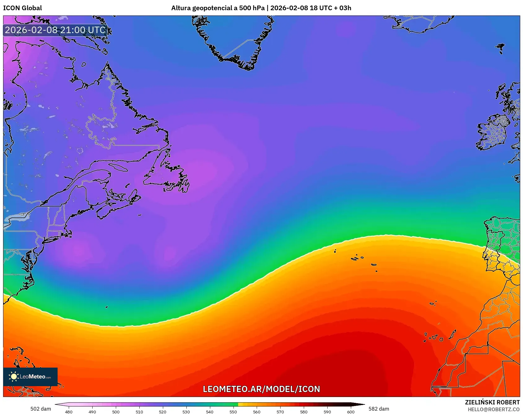 ICON model - Norte Atlántico, Altura geopotencial a 500 hPa