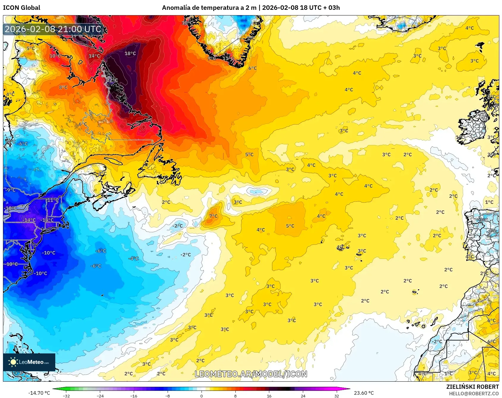 ICON model - Norte Atlántico, Anomalía de temperatura a 2 m