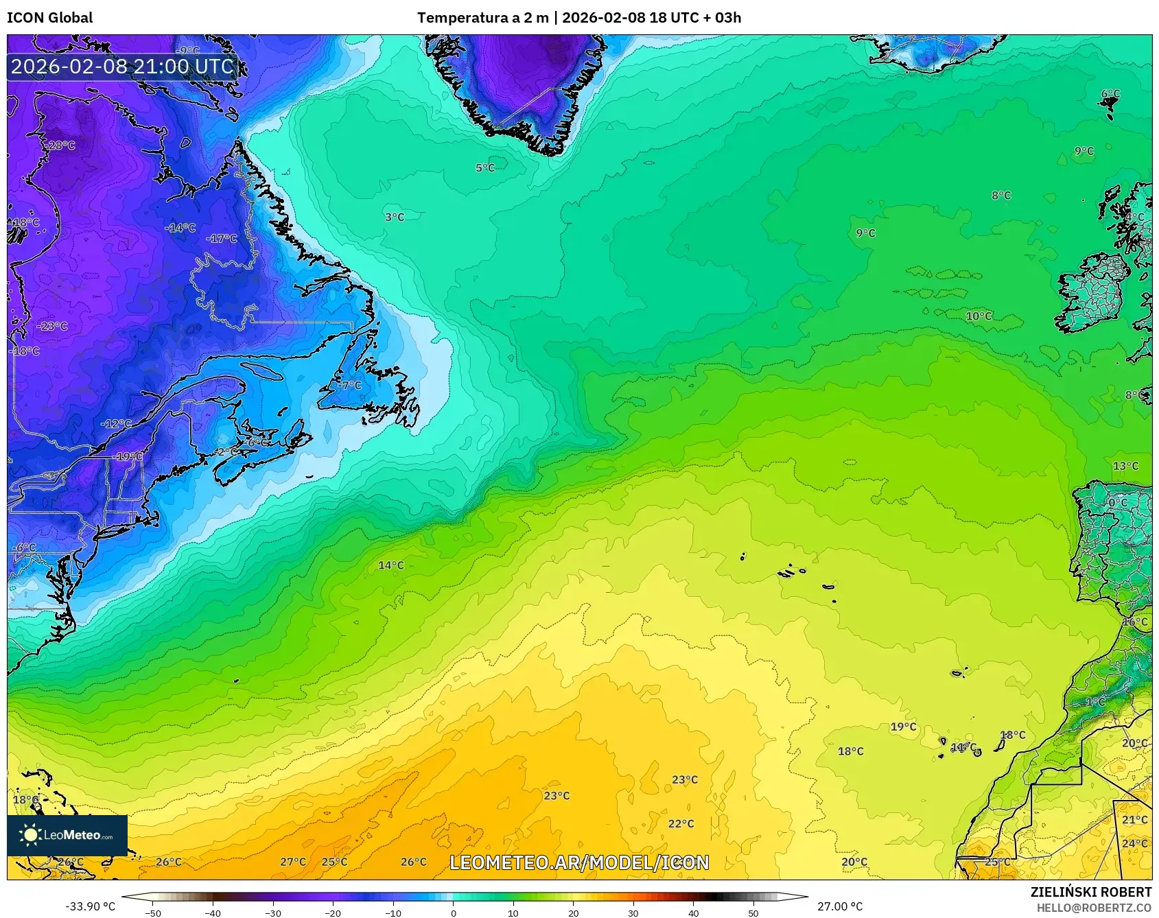 ICON model - Norte Atlántico, Temperatura a 2 m