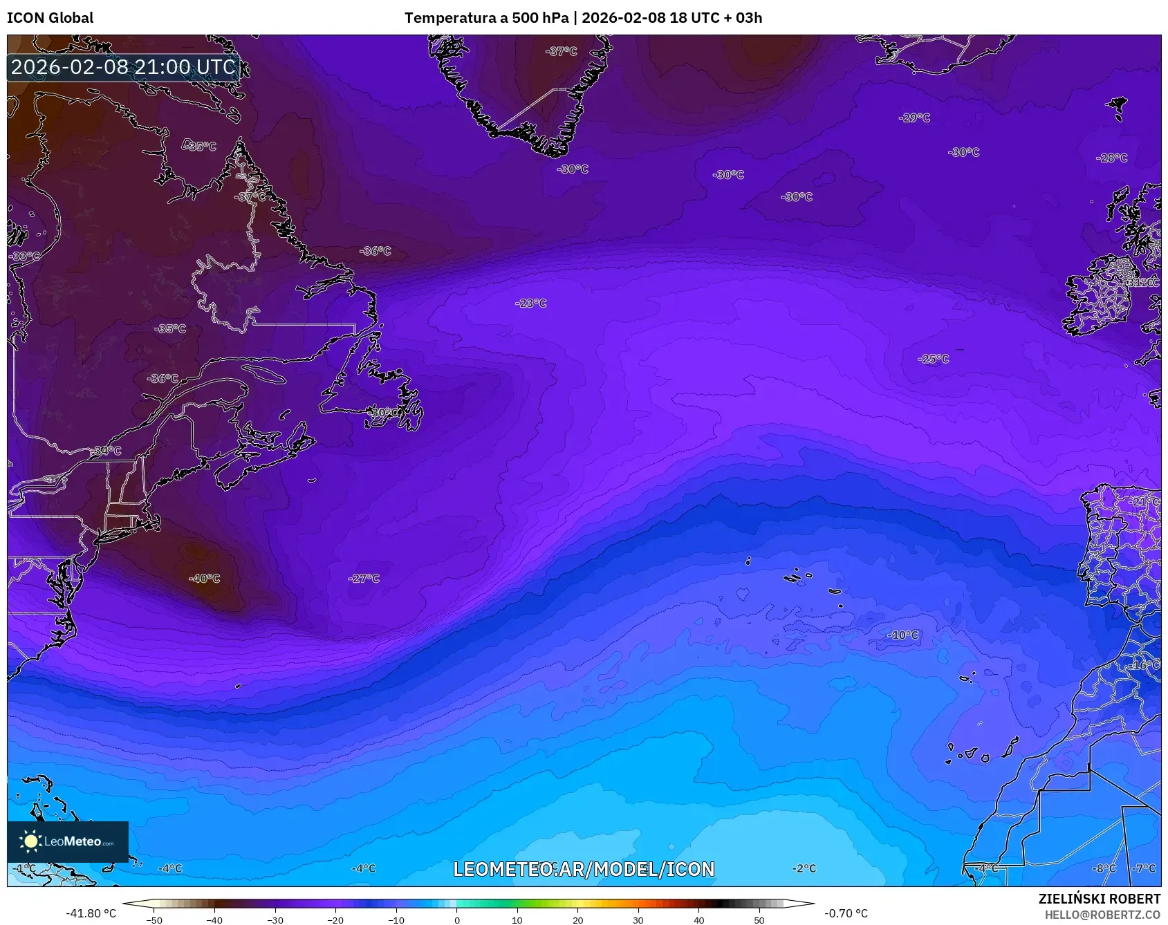 ICON model - Norte Atlántico, Temperatura a 500 hPa