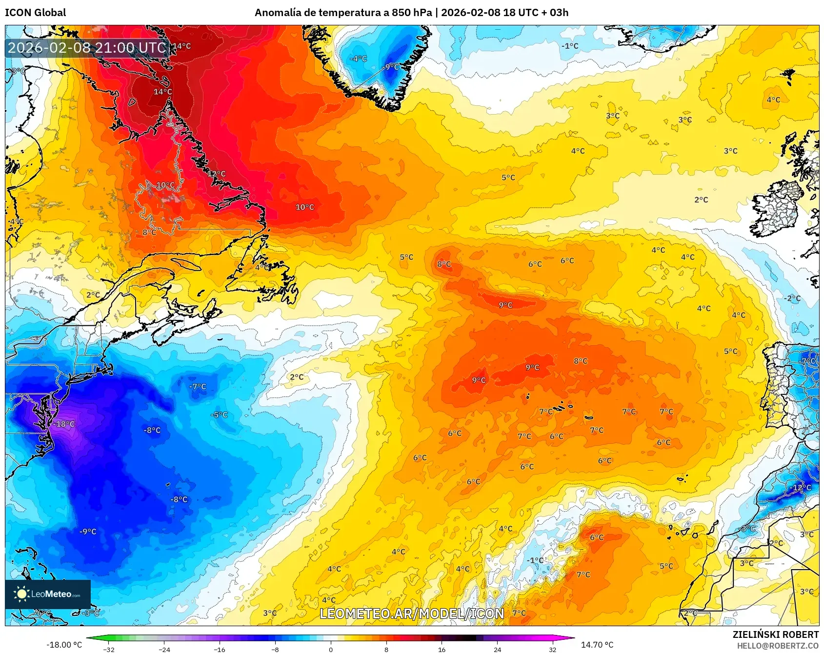 ICON model - Norte Atlántico, Anomalía de temperatura a 850 hPa
