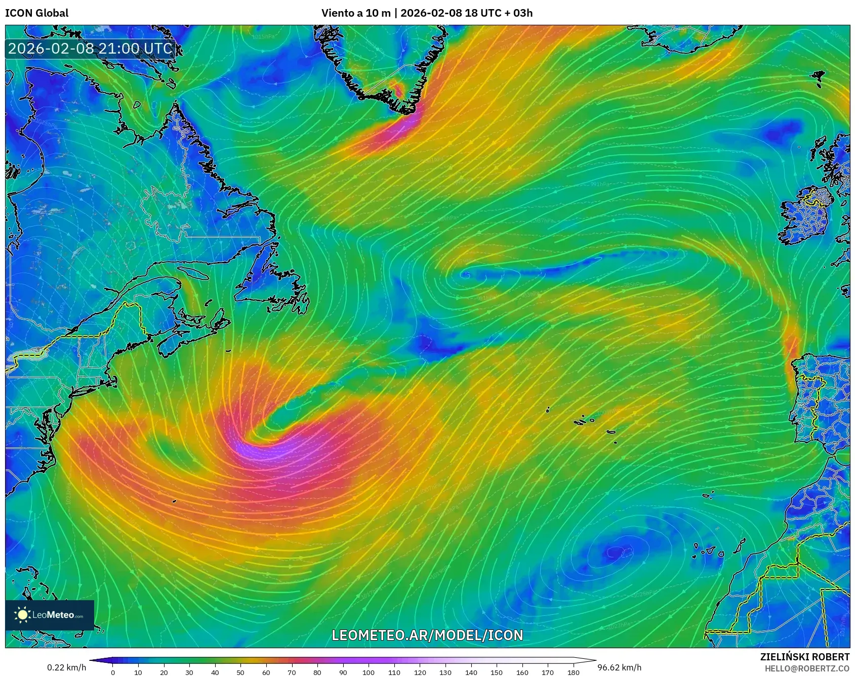 ICON model - Norte Atlántico, Viento a 10 m