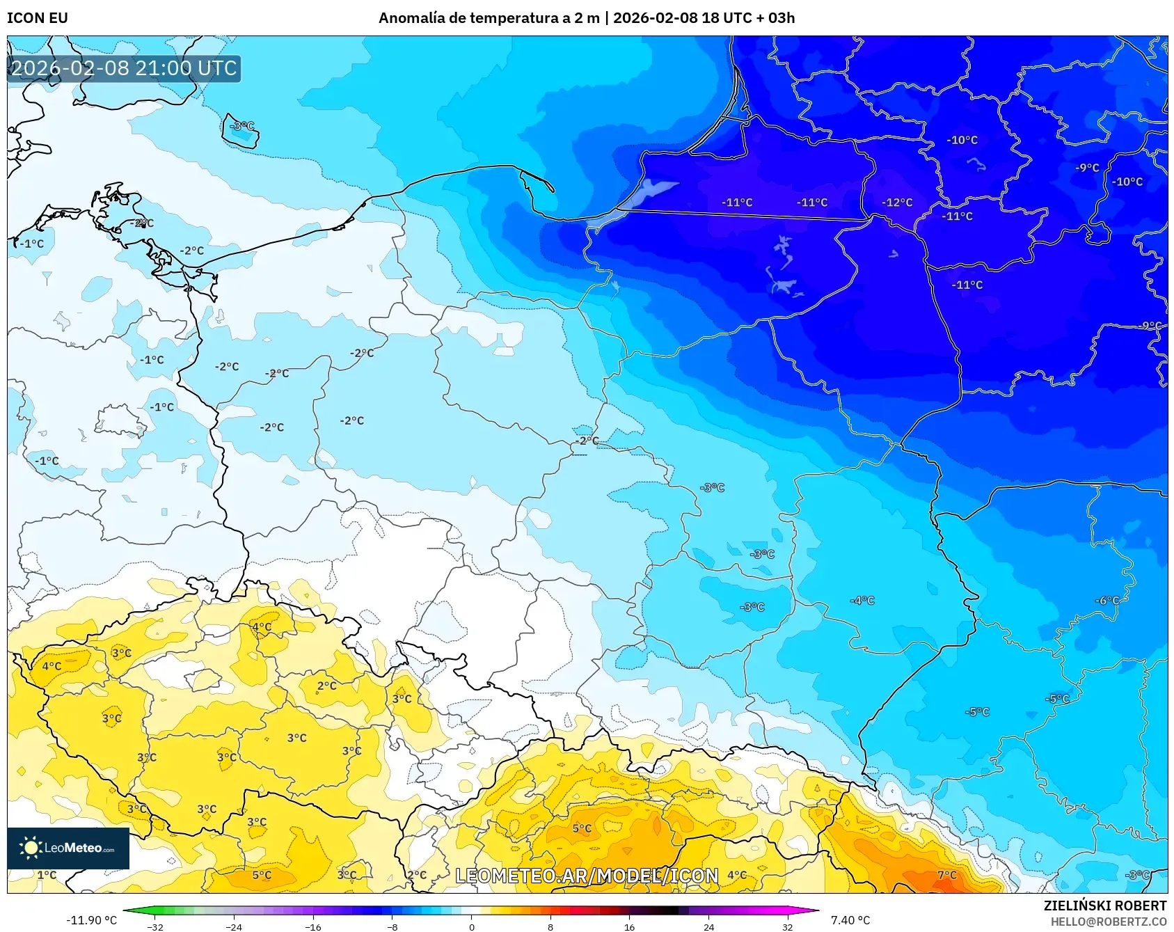 ICON model - Polonia, Anomalía de temperatura a 2 m