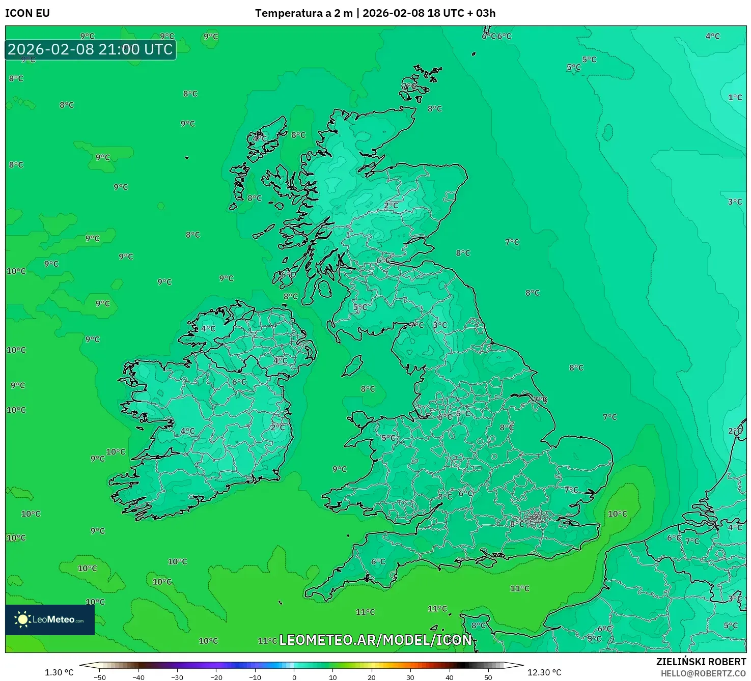 ICON model - Reino Unido, Temperatura a 2 m