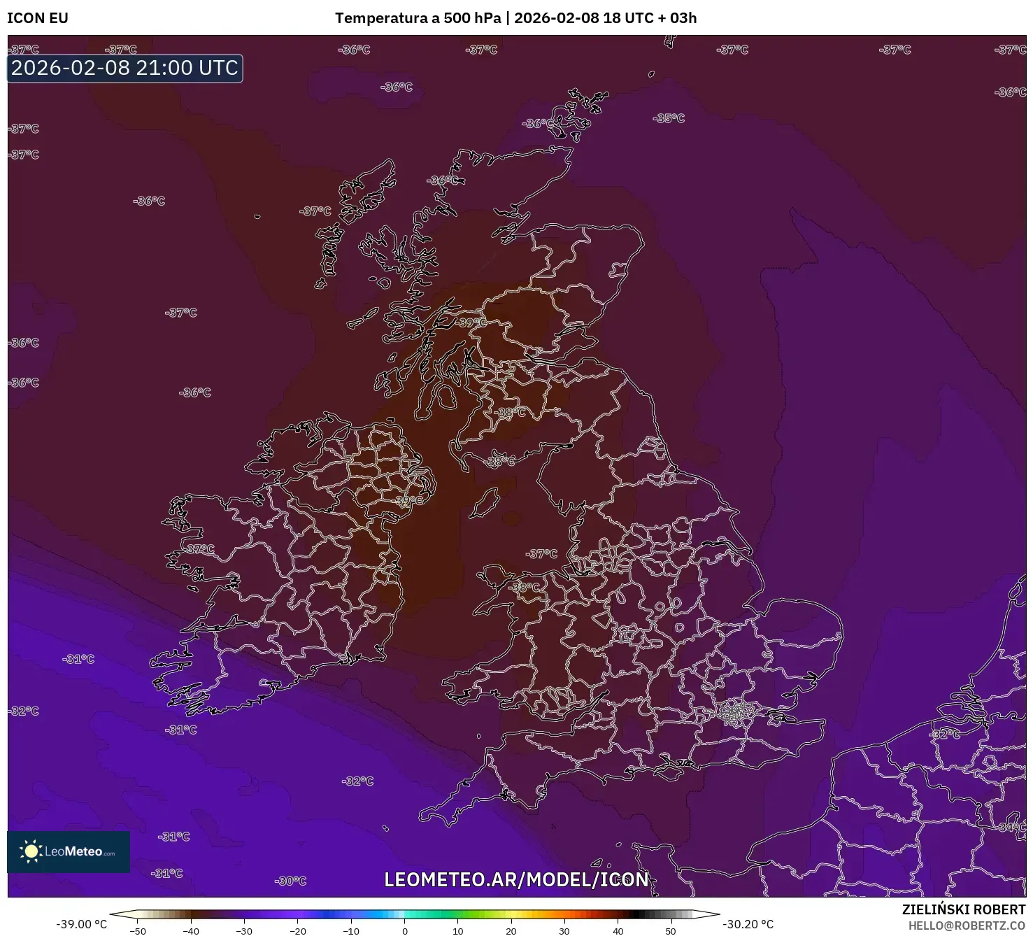 ICON model - Reino Unido, Temperatura a 500 hPa