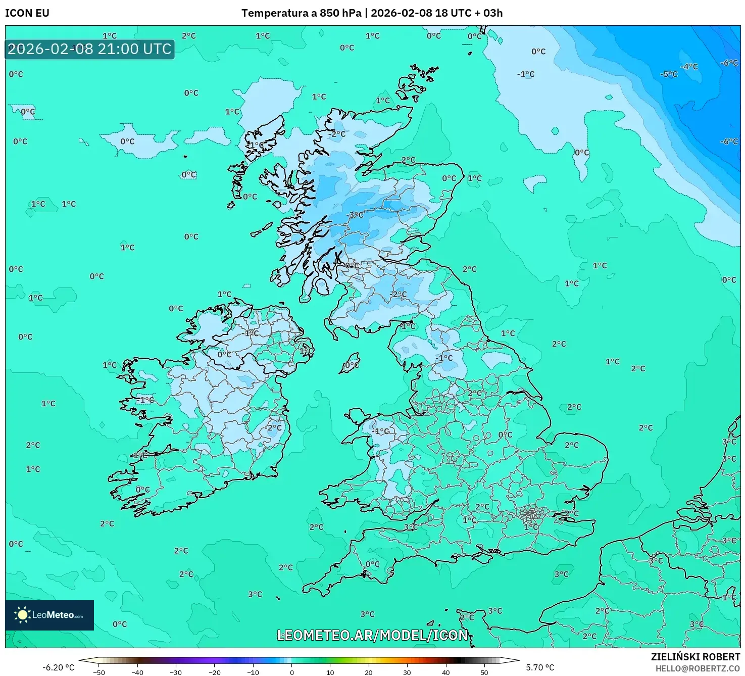 ICON model - Reino Unido, Temperatura a 850 hPa