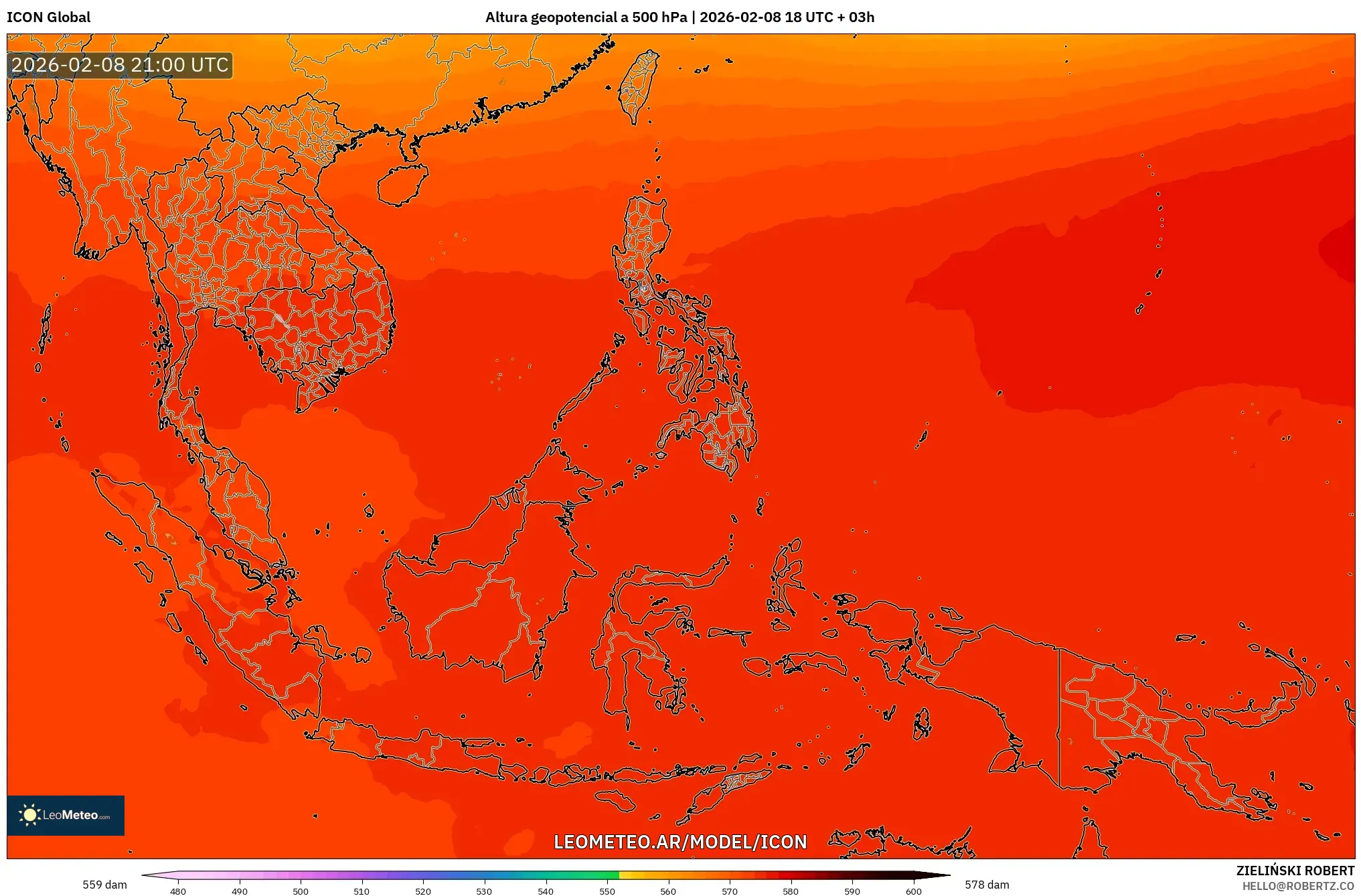 ICON model - Sudeste Asiático, Altura geopotencial a 500 hPa
