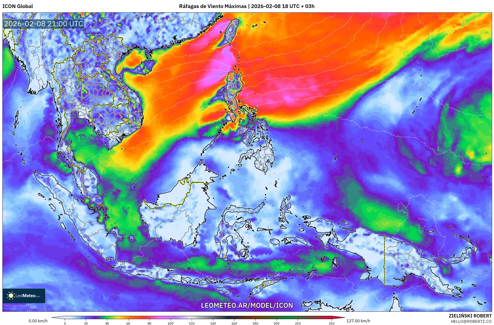 ICON model - Sudeste Asiático, Ráfagas de Viento Máximas