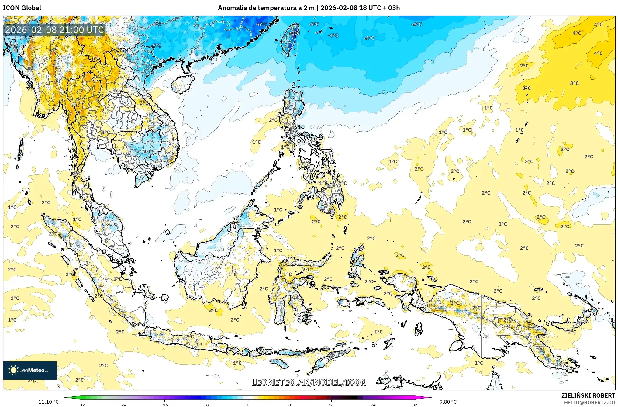 ICON model - Sudeste Asiático, Anomalía de temperatura a 2 m
