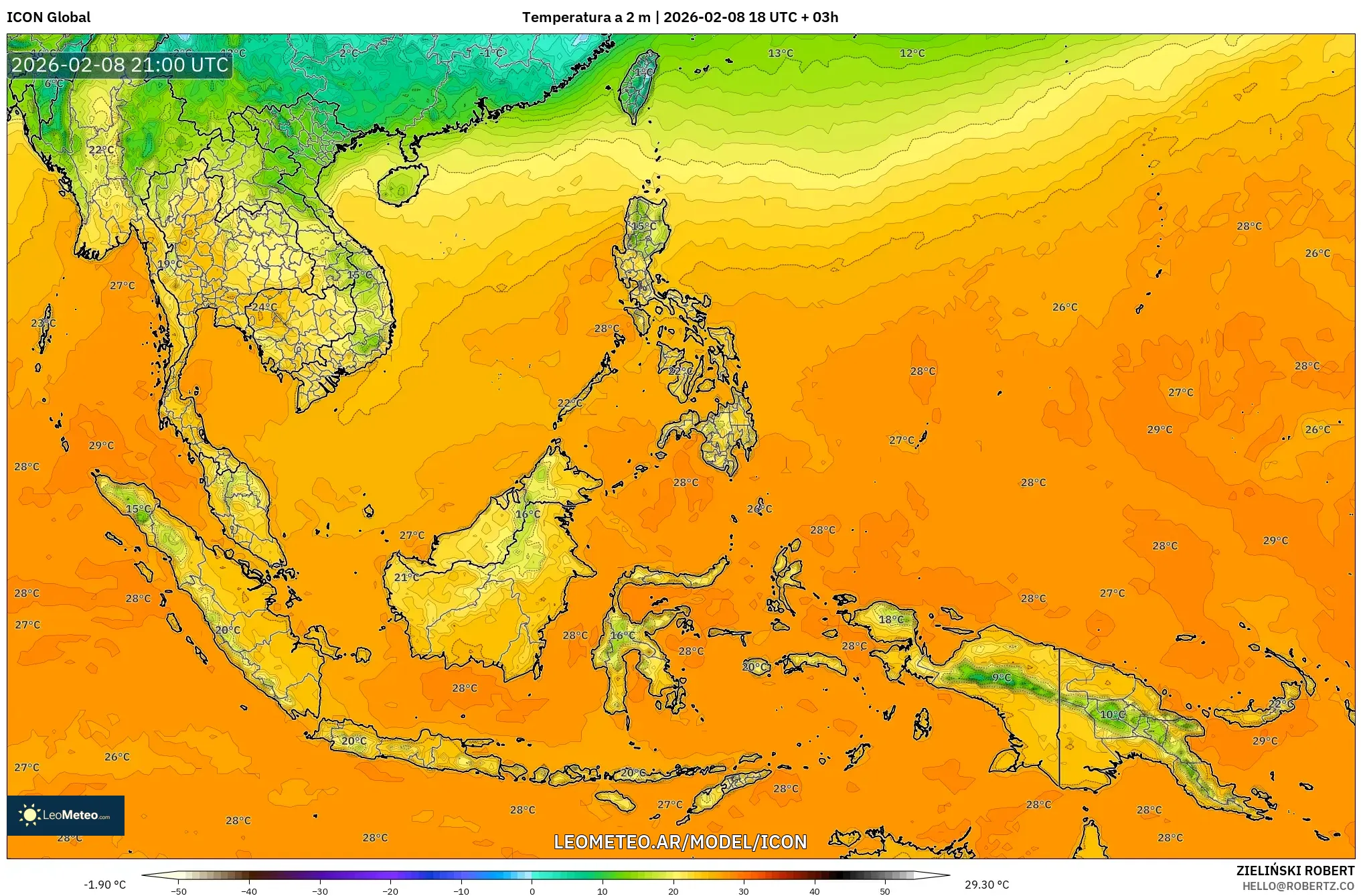 ICON model - Sudeste Asiático, Temperatura a 2 m