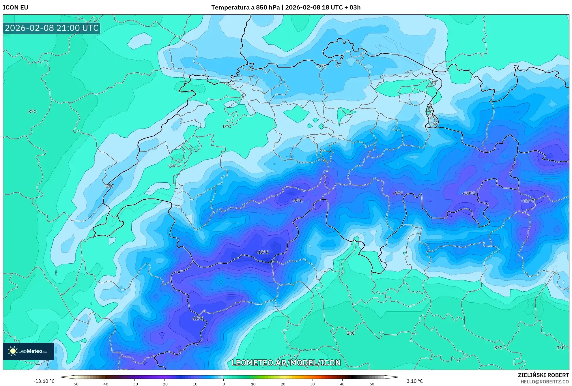 ICON model - Suiza, Temperatura a 850 hPa