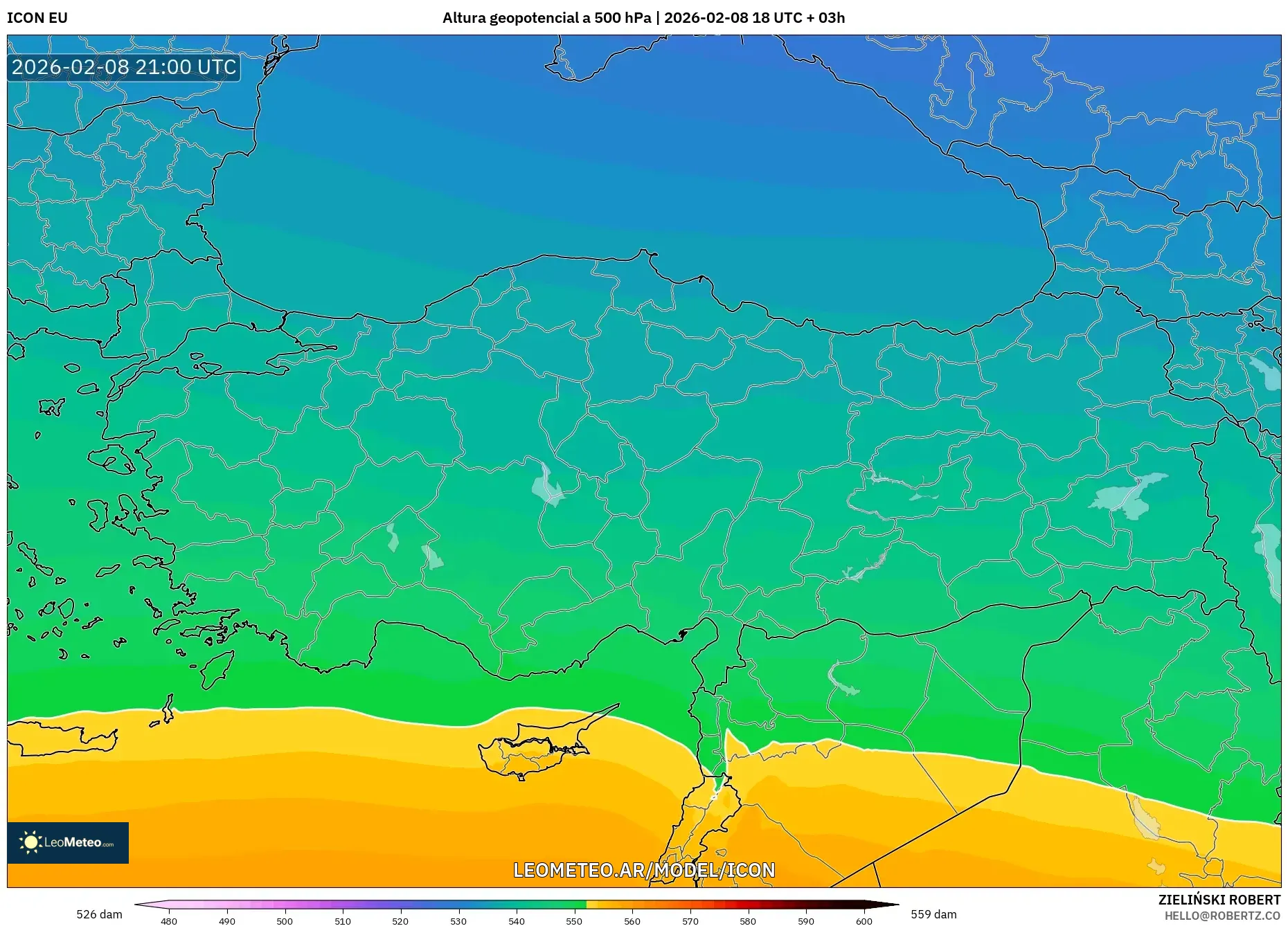 ICON model - Turquía, Altura geopotencial a 500 hPa
