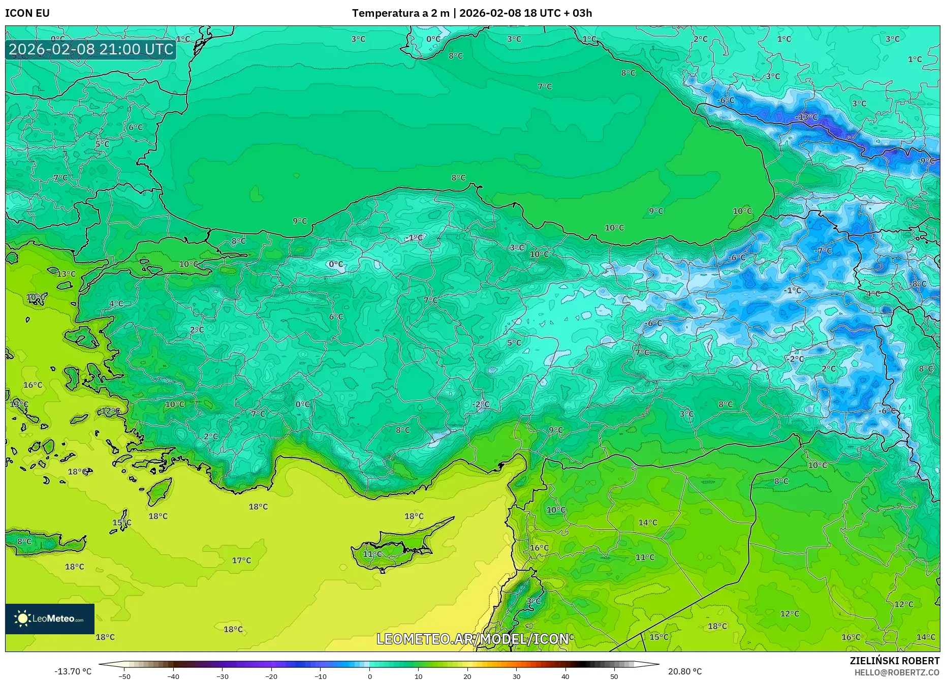 ICON model - Turquía, Temperatura a 2 m