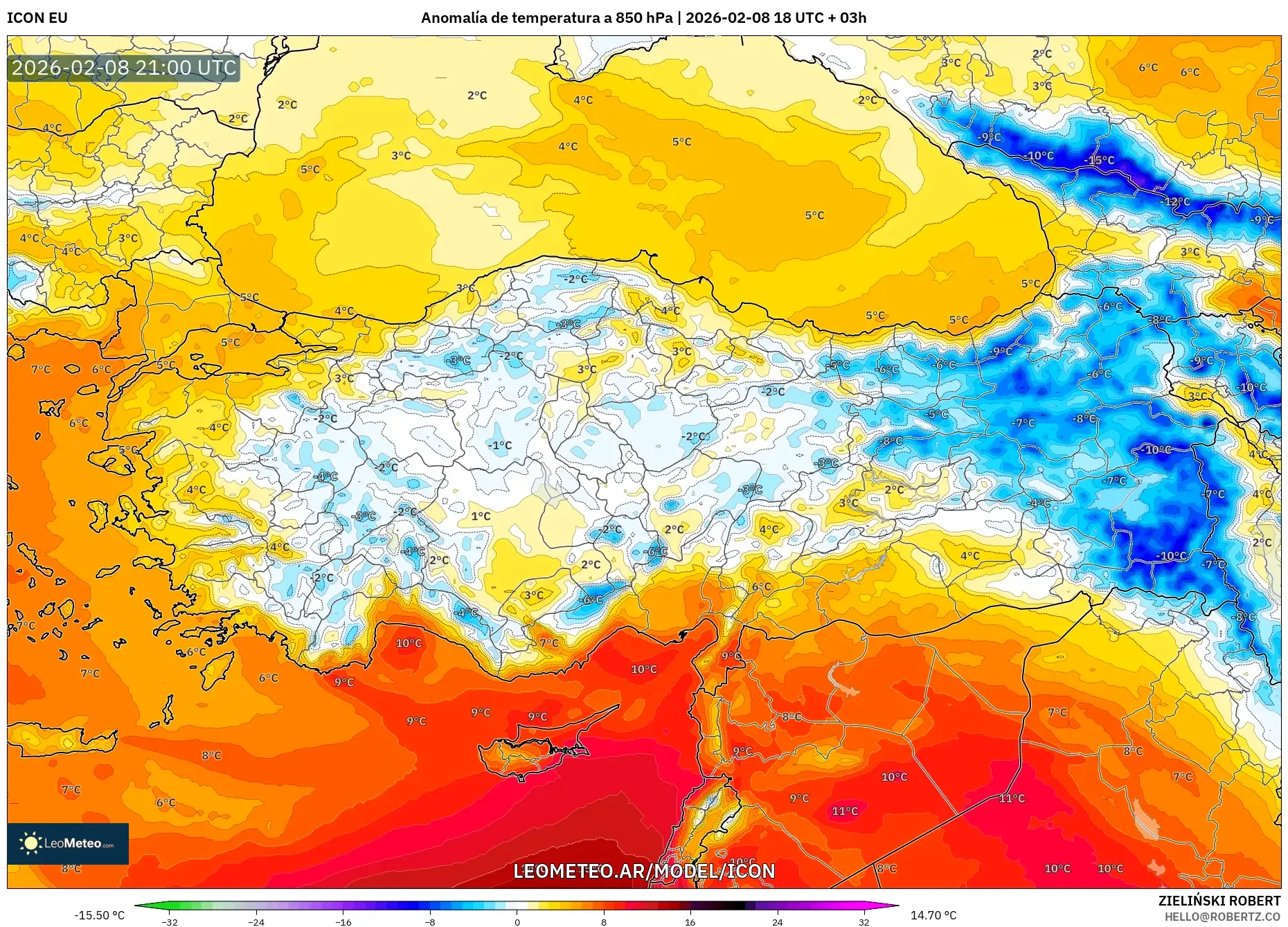 ICON model - Turquía, Anomalía de temperatura a 850 hPa