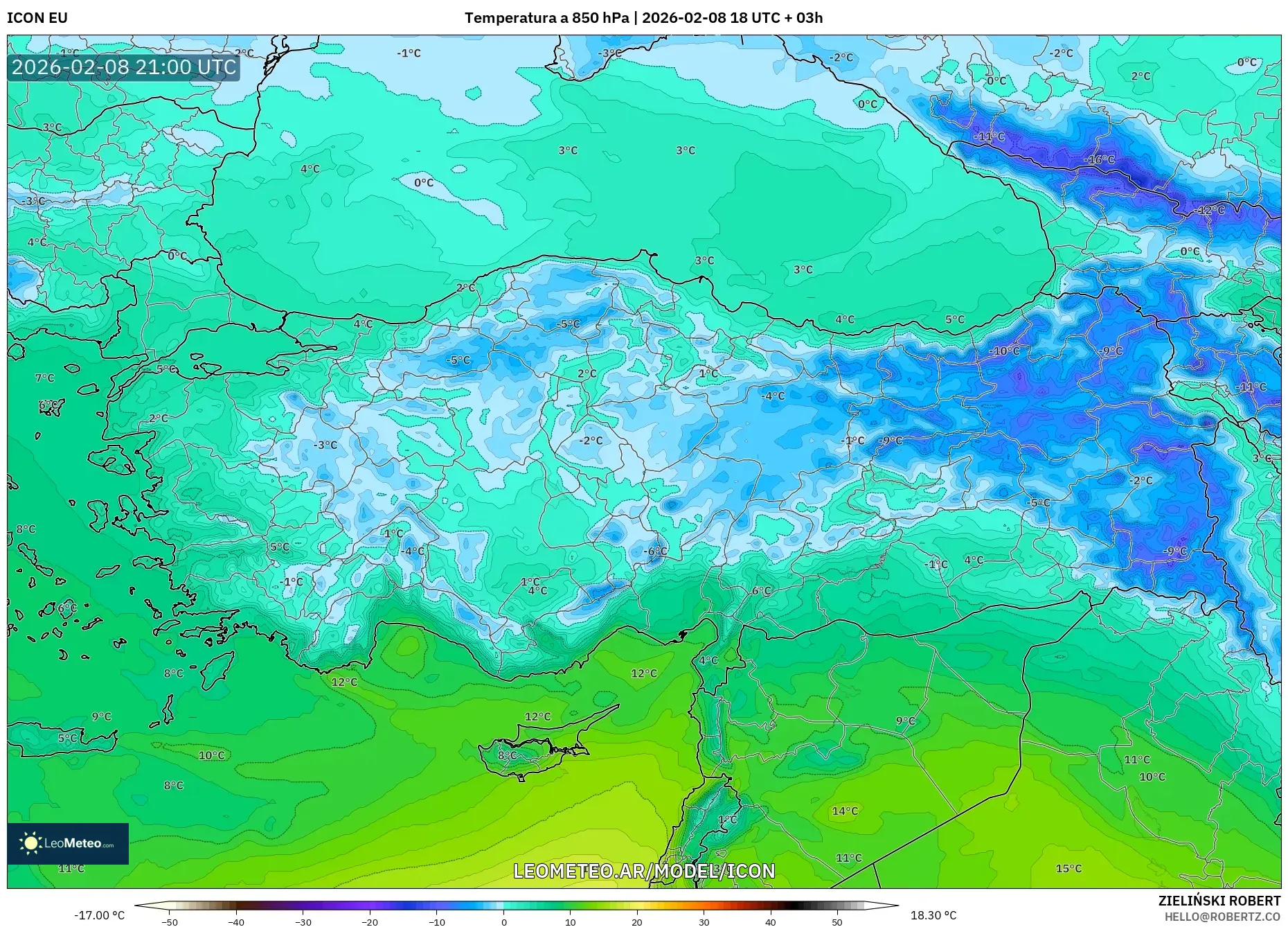 ICON model - Turquía, Temperatura a 850 hPa
