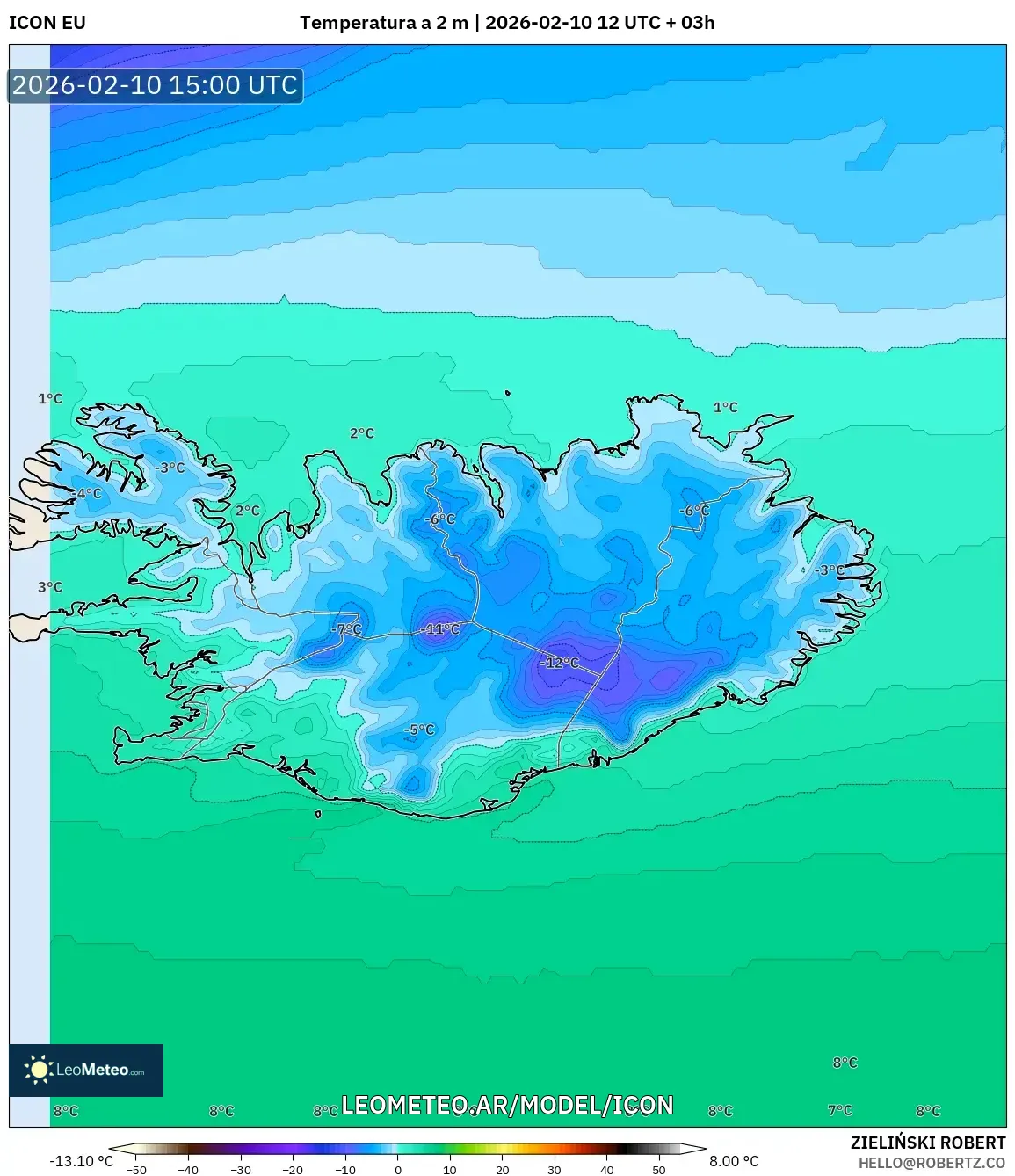 ICON model - Islandia, Temperatura a 2 m