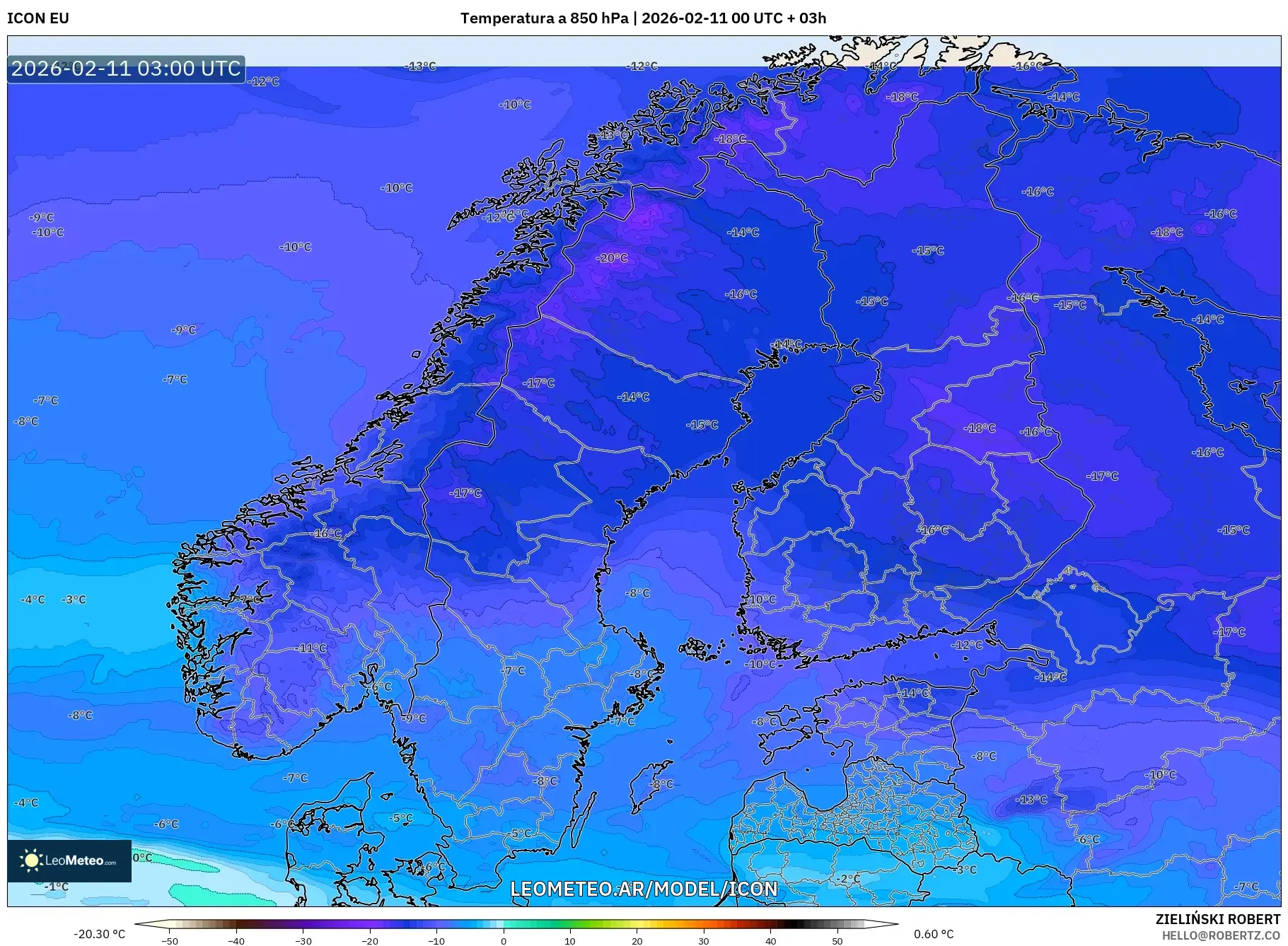 ICON model - Escandinavia, Temperatura a 850 hPa