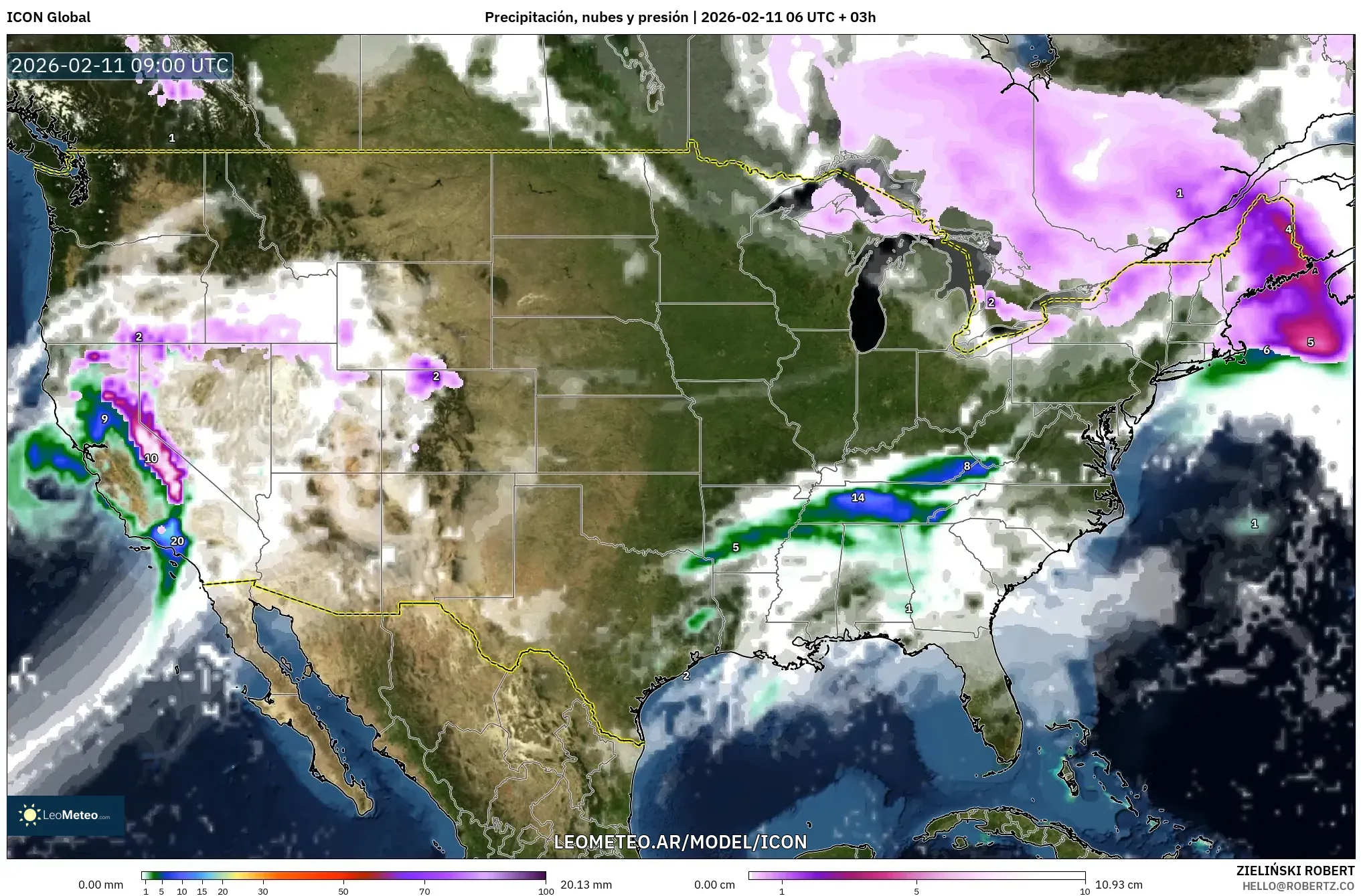 ICON model - Estados Unidos, Precipitación, nubes y presión