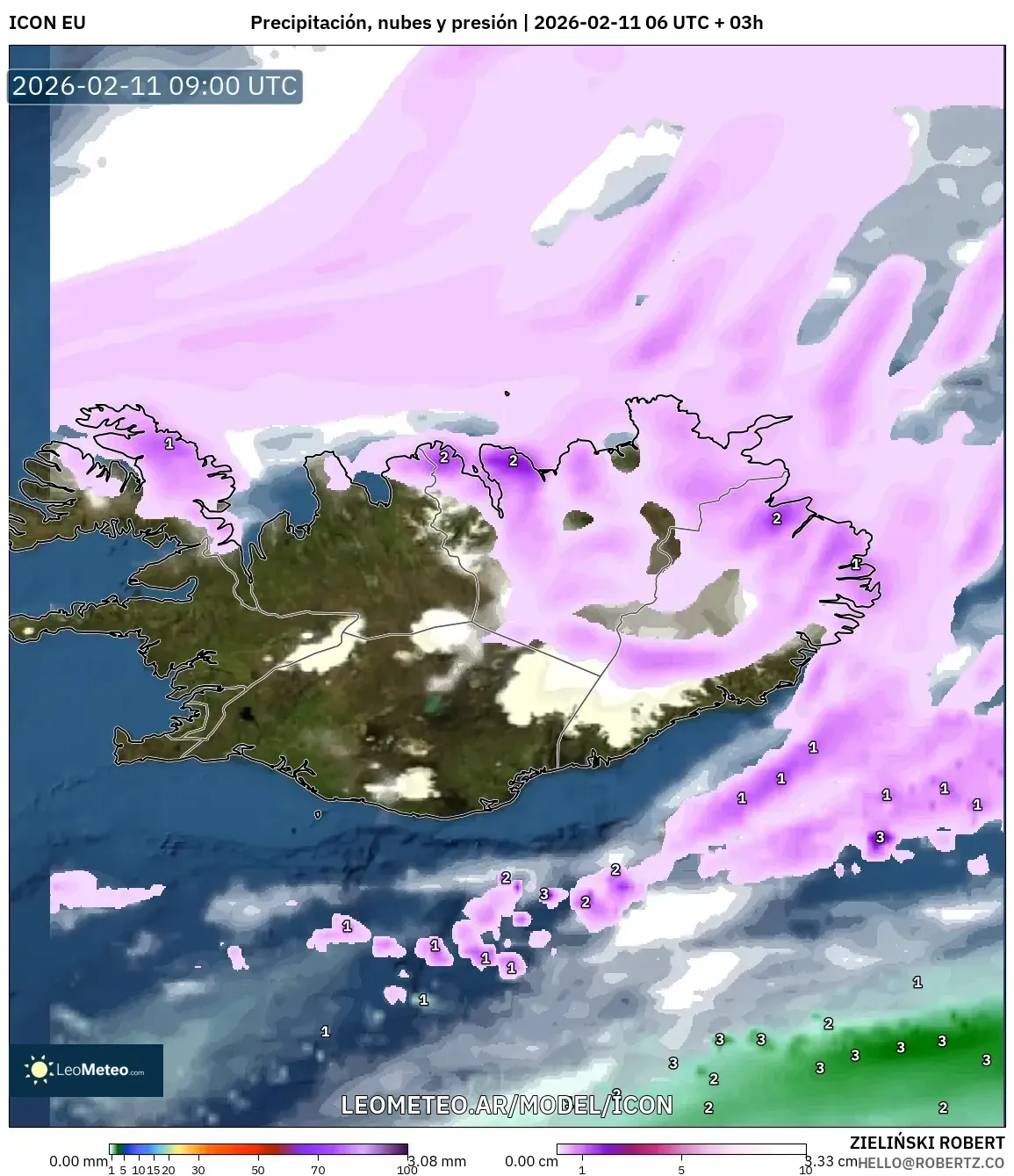 ICON model - Islandia, Precipitación, nubes y presión