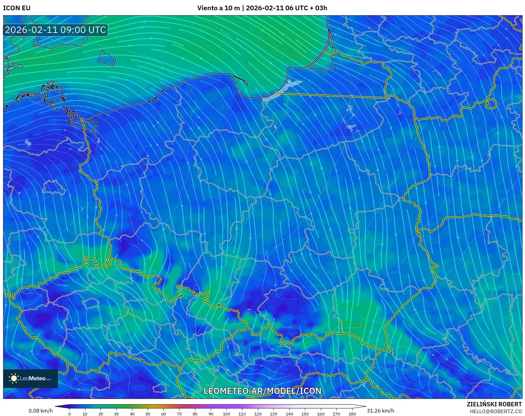 ICON model - Polonia, Viento a 10 m