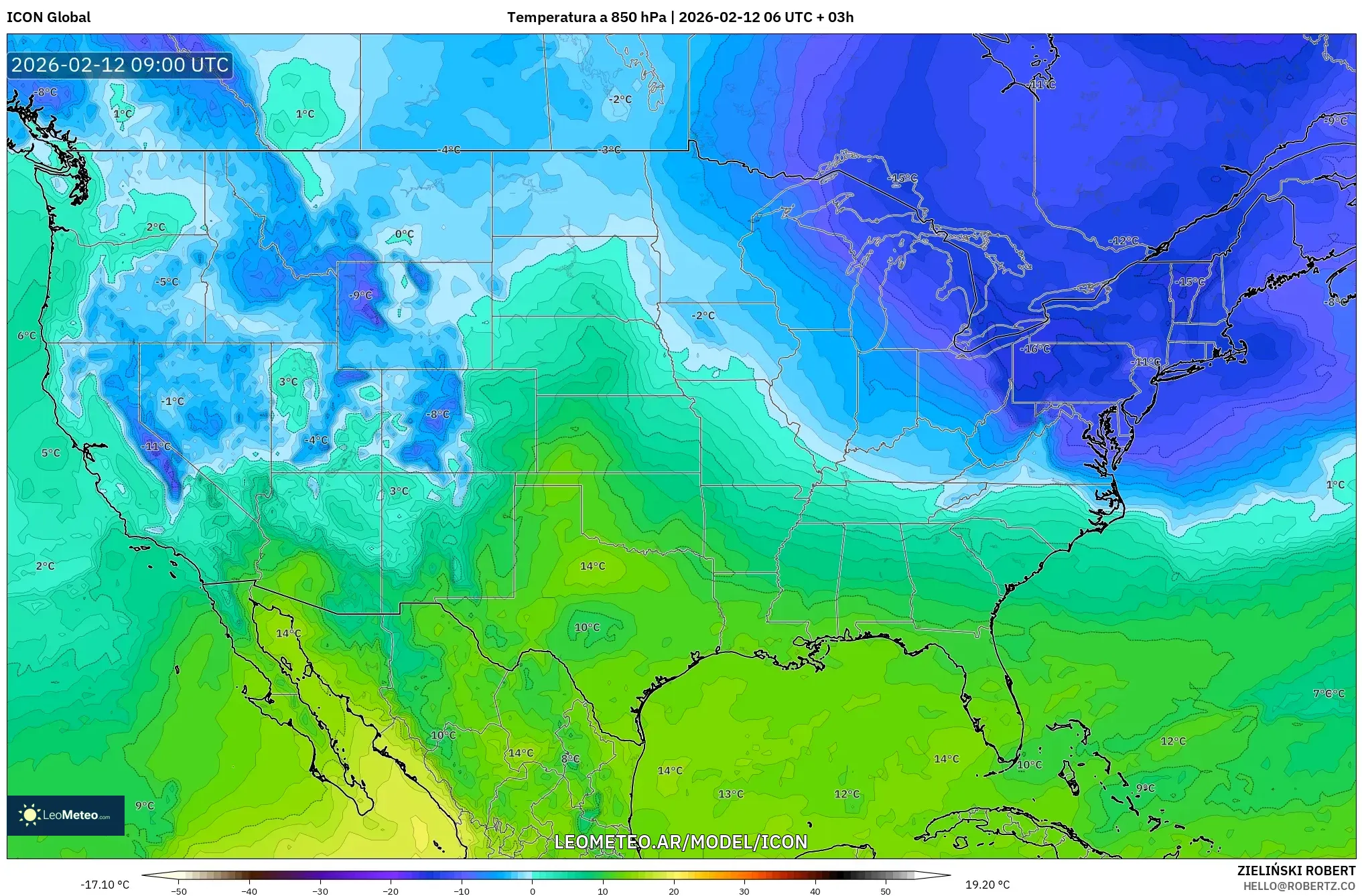 ICON model - Estados Unidos, Temperatura a 850 hPa