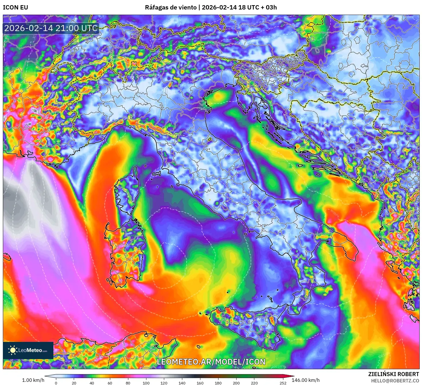 ICON model - Italia, Ráfagas de viento