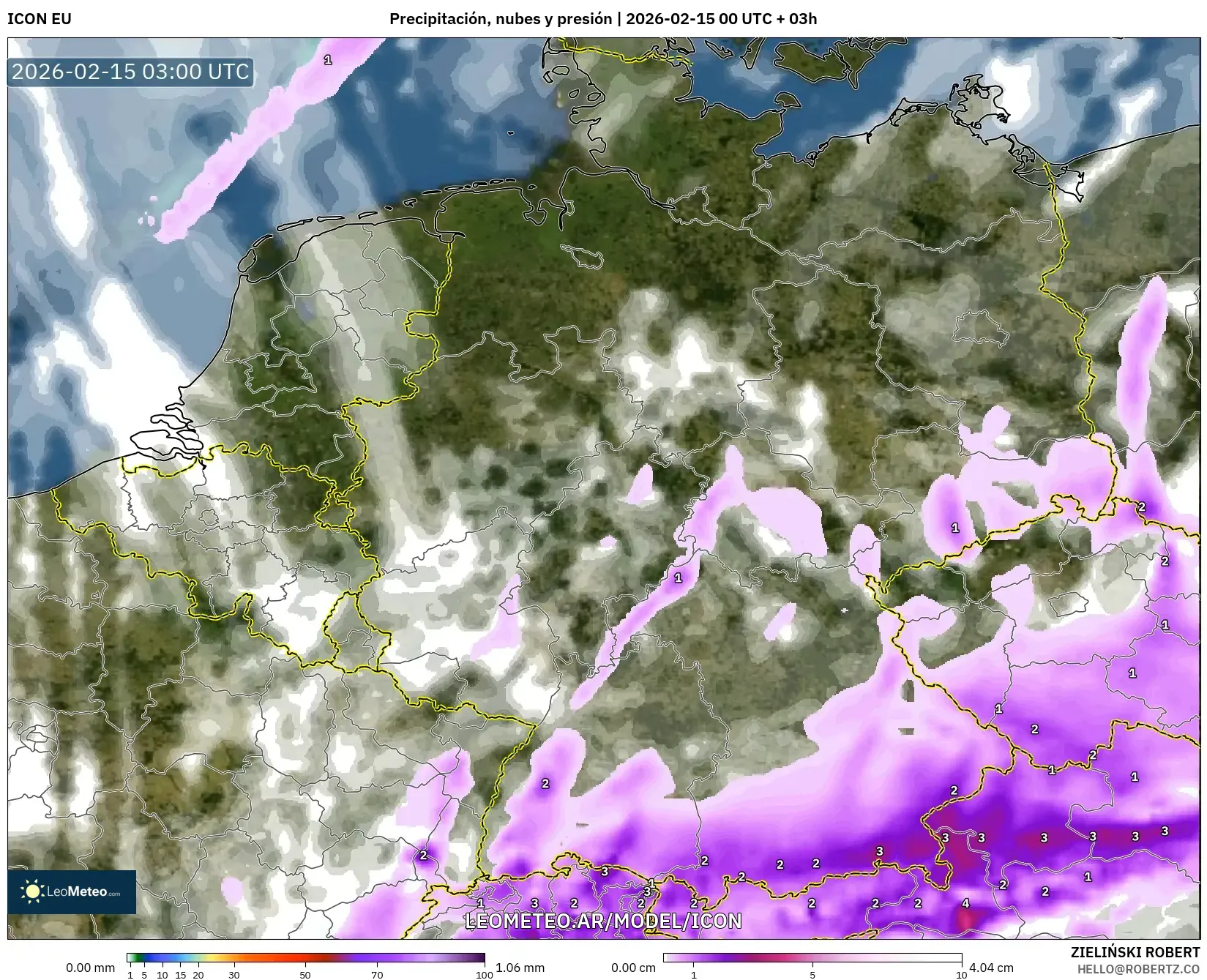 ICON model - Alemania, Precipitación, nubes y presión