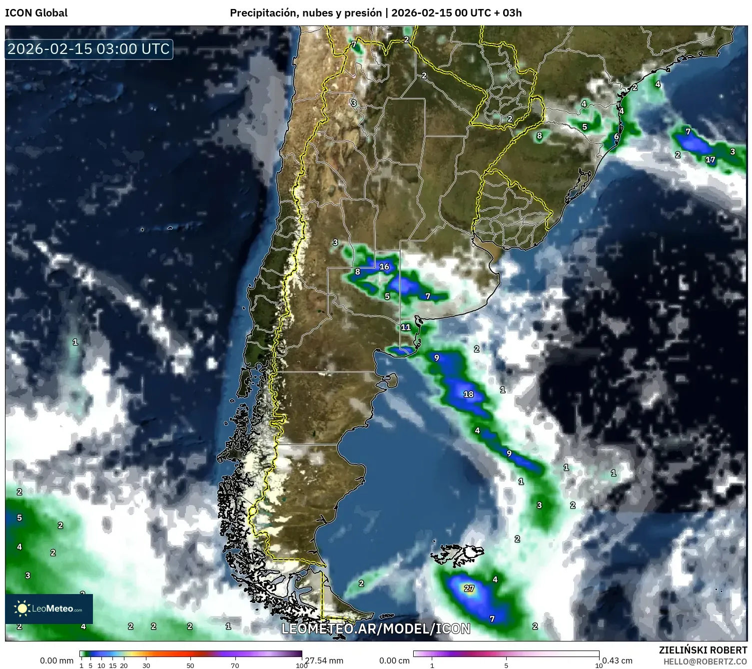 ICON model - Argentina, Precipitación, nubes y presión