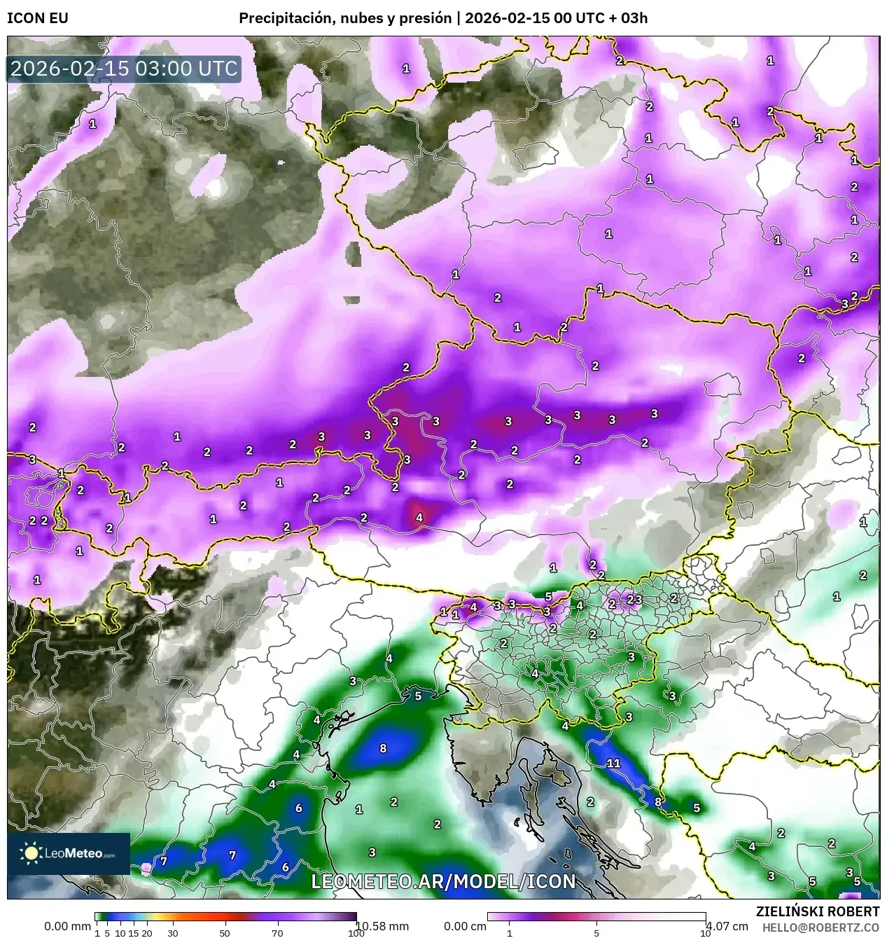 ICON model - Austria, Precipitación, nubes y presión