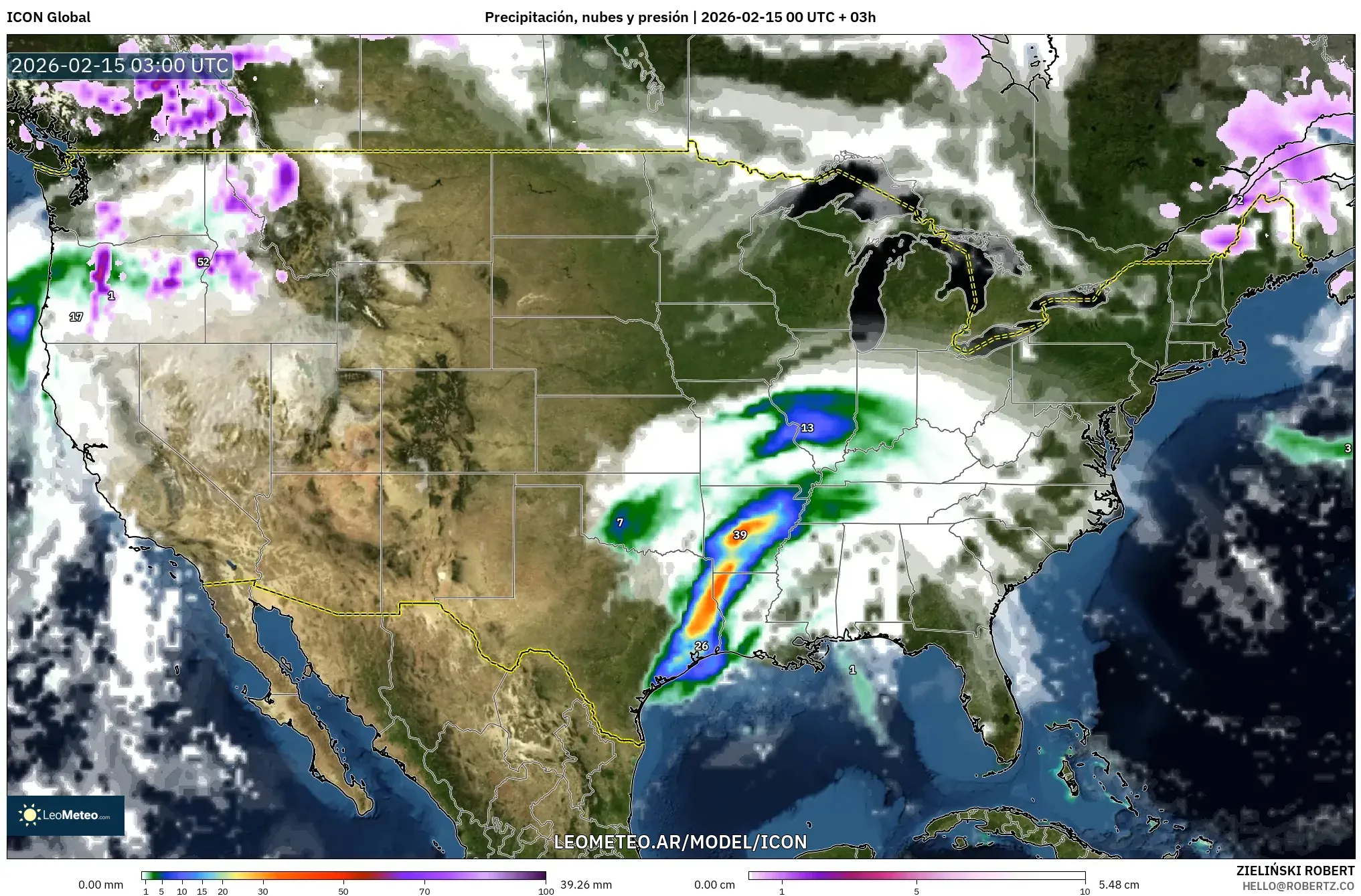 ICON model - Estados Unidos, Precipitación, nubes y presión