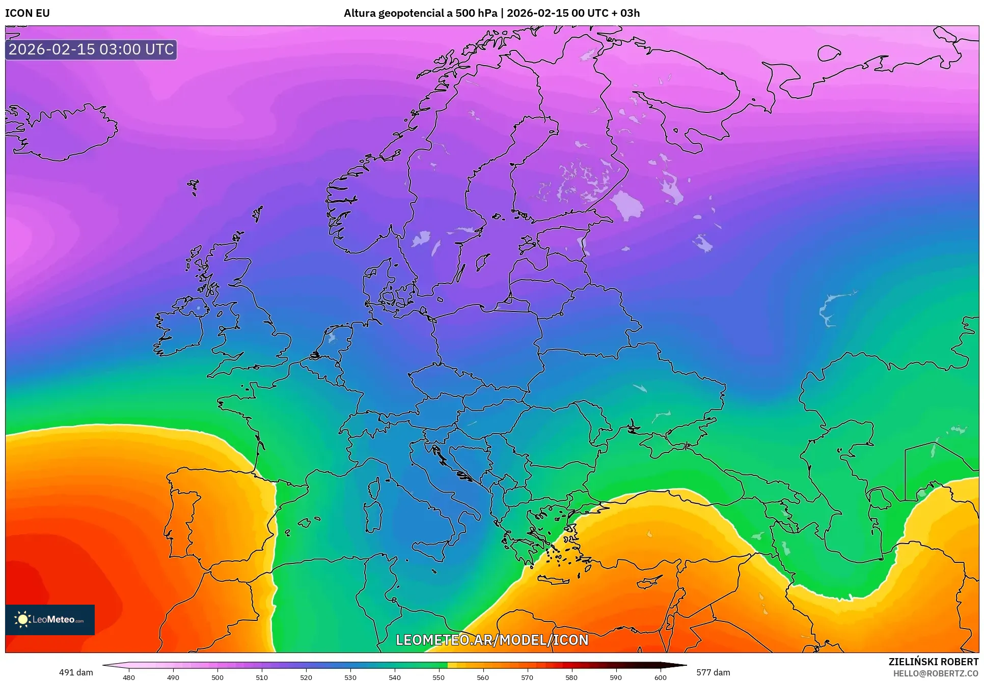 ICON model - Europa, Altura geopotencial a 500 hPa